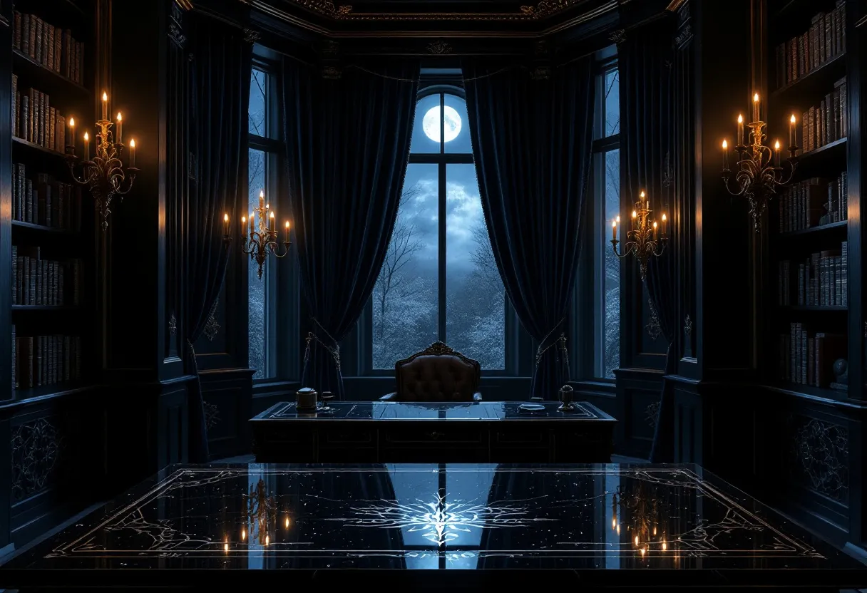 This gothic office exudes an aura of mystery and sophistication, drawing inspiration from classic gothic architecture. The room is dominated by dark, rich tones that set a somber, yet elegant atmosphere. A large window framed by heavy, dark drapes allows the moonlight to pour in, casting an ethereal glow across the room. The presence of ornate chandeliers adds an opulent touch, their soft candlelight reflecting off the polished surfaces and casting intricate shadows on the walls.

Lavishly filled bookshelves line the room, suggesting a space that values knowledge and history. The grand desk, positioned centrally, commands attention with its imposing design. It features intricate detailing that complements the overall gothic aesthetic, adding a sense of gravitas to the space. Every element within this office is meticulously chosen to create an environment that feels both timeless and secluded, perfectly capturing the essence of gothic elegance.