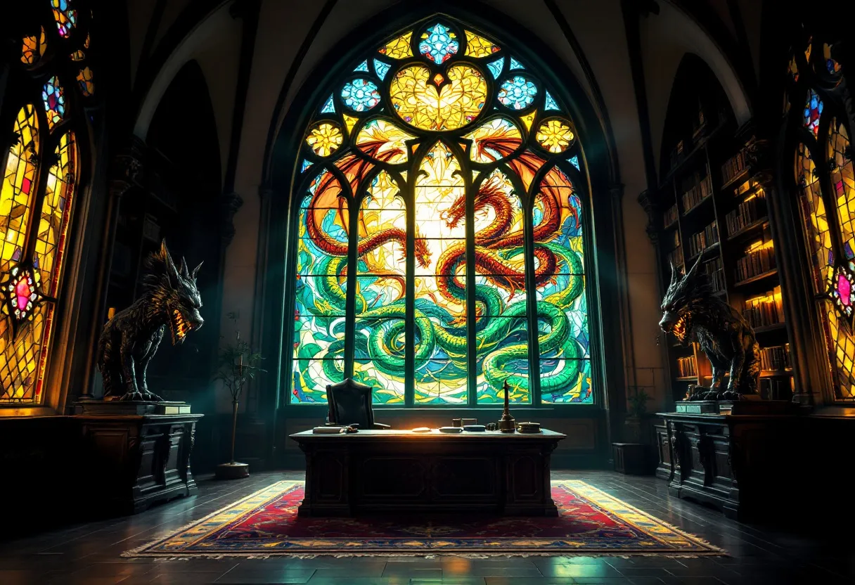 This gothic office exudes an aura of dark elegance and mystique, characterized by its breathtaking stained glass windows. The central window, dominated by vibrant hues of blue, yellow, and green, depicts an intricate scene of swirling dragons, infusing the space with an ethereal light that dances across the polished wood floor. The arched design of the windows, coupled with their ornate patterns, reinforces the gothic theme, creating an environment rich in history and grandeur.

The office is anchored by a large, intricately carved wooden desk, atop which sit a few select items that suggest intellect and authority. On either side of the desk stand imposing statues of majestic creatures, their presence lending the space a sense of guarded power. Shelves filled with books line the walls, adding depth and scholarly gravitas, while a richly colored rug grounds the space, inviting a sense of warmth amidst the shadows. Overall, the office embodies a perfect blend of gothicism and functionality, making it a striking and memorable setting.