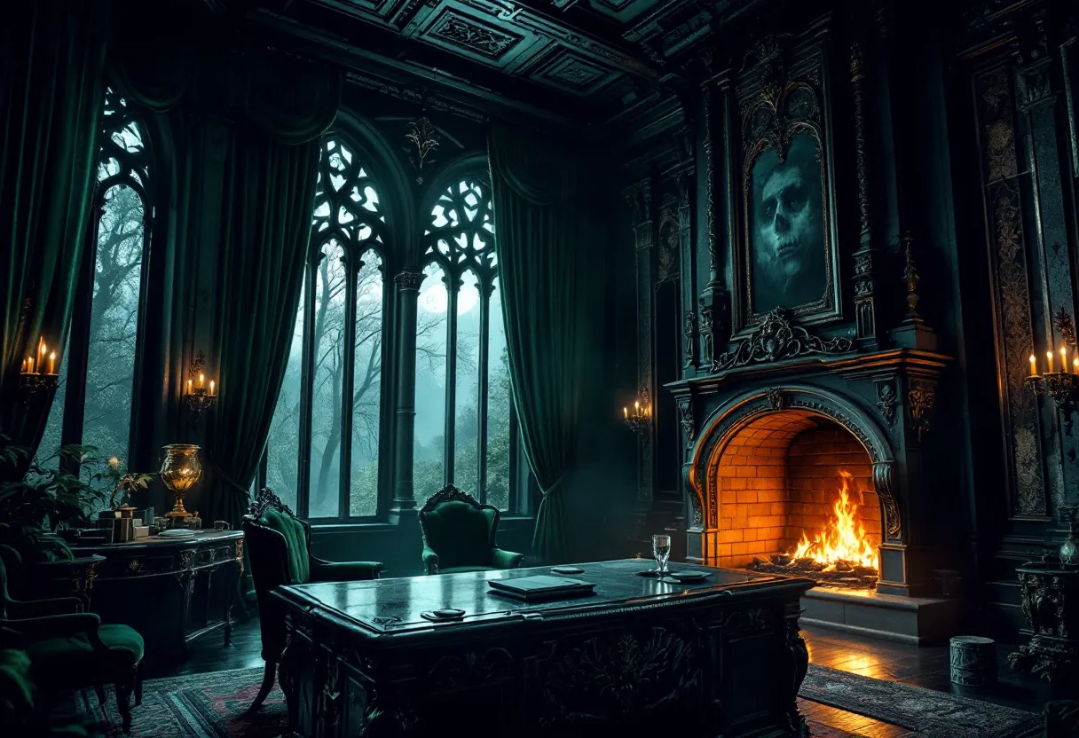 This gothic office immerses you in a rich, atmospheric setting that hints at both elegance and a touch of mystery. The room is dominated by large, ornate windows with pointed arches, allowing dim light to filter through and enhance the somber, yet sophisticated ambiance. Heavy, dark drapery frames the windows, complementing the room's deep green tones and adding to the dramatic effect. The furniture, made of dark wood, features intricate carvings and exudes a sense of grandeur and history. A luxurious rug lies beneath, hinting at opulence and enhancing the room's antique character.

The fireplace is a central feature, with a flickering fire casting warm glows across the room, starkly contrasting the surrounding dark hues. Above the mantle, a large, imposing portrait contributes to the room's eerie allure, evoking a sense of timelessness and mystery. Candles, strategically placed, add to the flickering shadows, creating an aura of intrigue and quiet contemplation. The overall design of this gothic office is one of rich detail and haunting beauty, inviting occupants to ponder the mysteries of the past in a setting that feels both intimate and grandiose.