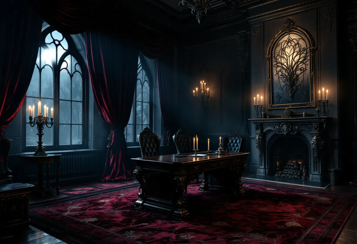 This gothic office exudes an air of mystery and elegance, enveloped in rich, dark hues that create a dramatic atmosphere. The heavy, ornate drapes in a deep red cascade down from the tall windows, through which a faint, ghostly moonlight filters. Intricate patterns on the curtains reflect the gothic architectural style, echoing the intricate details of the paneling on the walls. The large, imposing desk in the center of the room is crafted from dark wood, its grandeur accentuated by the candelabras that rest atop it, casting flickering shadows that dance across the room.

The fireplace is an architectural masterpiece, adorned with elaborate carvings and a stunning wrought-iron design above it, illuminated by the soft glow of candles. The black leather chairs surrounding the desk are luxurious with high, decorative backs that add to the gothic theme. The room’s opulent, dark crimson carpet covers the floor, providing a rich texture beneath. Overall, this gothic office evokes a sense of timelessness and power, its moody ambiance perfect for contemplation and deep introspection.