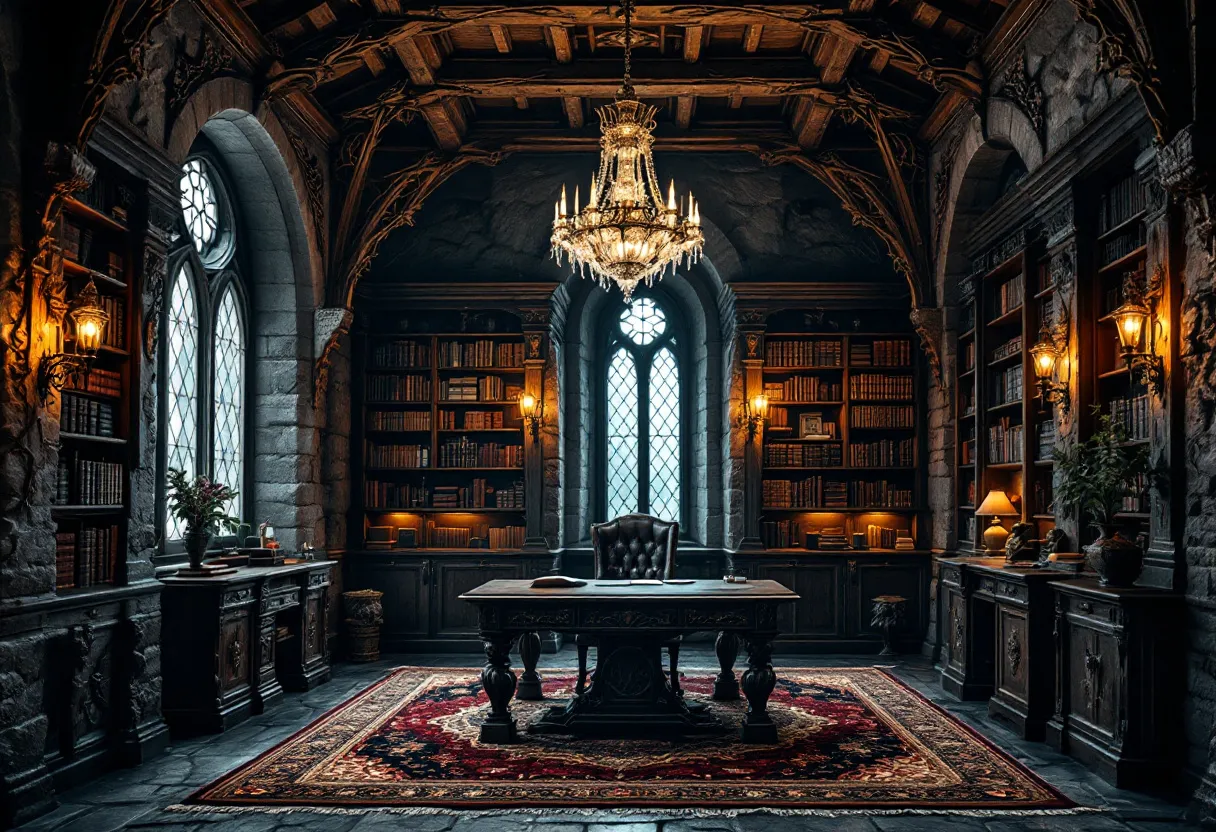 This gothic office exudes an atmosphere of elegance and mystery, characterized by its grand arched windows and intricate woodwork. The ceiling is adorned with carved wooden beams, lending a medieval charm to the space. A magnificent crystal chandelier hangs prominently from the ceiling, casting warm light throughout the room and illuminating the rich details of the dark wooden bookshelves that line the walls. The shelves are filled with leather-bound volumes, enhancing the intellectual and historic ambiance.

At the center of the office stands a stately wooden desk, ornately carved and polished to perfection. Positioned on a luxurious red and gold rug, the desk is accompanied by a plush leather chair, suggesting both authority and comfort. Soft, ambient lighting is provided by elegant wall sconces and a table lamp, which accentuate the layered textures of the stone walls. The overall design of this office combines opulence with a sense of timelessness, creating an inviting yet imposing space suitable for contemplation and creativity.