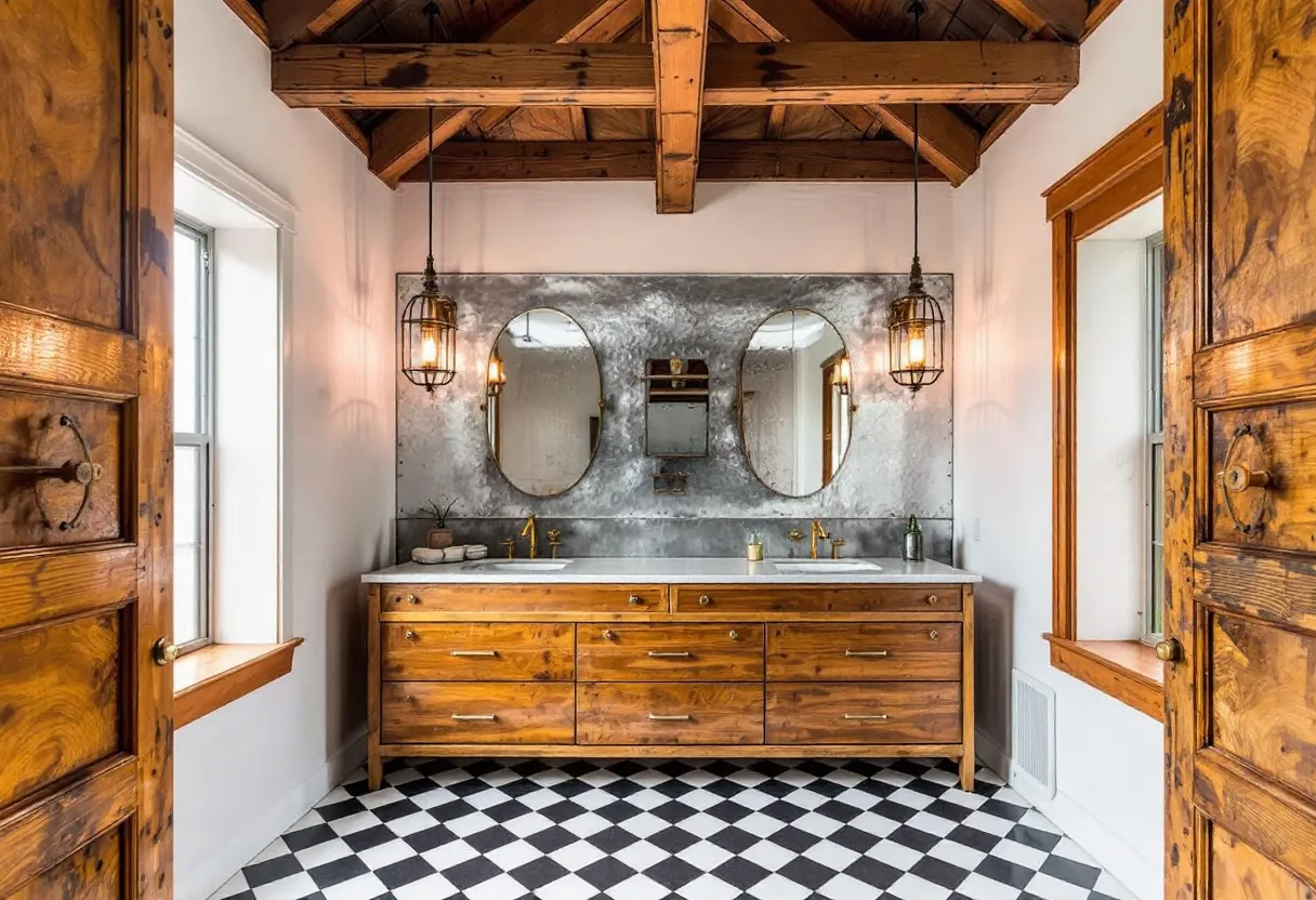 This industrial bathroom balances raw and refined elements, creating a distinctive and appealing aesthetic. The exposed wooden beams on the ceiling introduce rustic warmth, harmonizing with the natural wood tones of the cabinetry and surrounding door frames. The cabinetry features a sleek design with simple hardware, providing ample storage with a functional and stylish presence. The black-and-white checkered floor adds a classic yet bold touch, grounding the space and enhancing its overall visual interest.

The dual oval mirrors are complemented by industrial-style lighting fixtures that hang from the ceiling, casting a warm glow over the concrete-textured wall behind them. This textured backdrop further emphasizes the industrial theme, creating a striking contrast with the smooth marble countertop. The gold faucets add a touch of elegance, bridging the gap between the rugged and polished elements within the room. Overall, the design showcases a harmonious blend of modernity and rustic charm, embodying a unique industrial aesthetic.