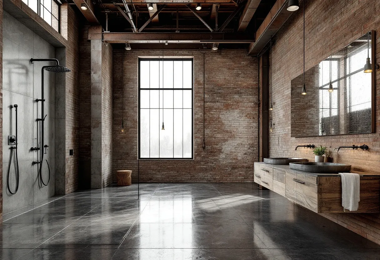 This industrial bathroom showcases a captivating blend of raw materials and modern design elements. The exposed brick walls provide a rustic and earthy backdrop, emphasizing the industrial aesthetic. With large, open windows, the room is filled with natural light that highlights the textures of the brick and concrete elements. The high ceiling, featuring exposed beams and metalwork, enhances the spaciousness and retains a utilitarian vibe true to industrial design.

The bathroom is equipped with sleek, contemporary fixtures that contrast with the rough textures of the environment. The dual sink setup with smooth, dark stone basins rests on a wooden vanity, adding a touch of warmth and elegance. Black metal accents, seen in the faucets and shower fixtures, complement the overall design and add modernity to the rustic setting. This carefully curated mix of materials results in a space that feels both functional and aesthetically sophisticated.