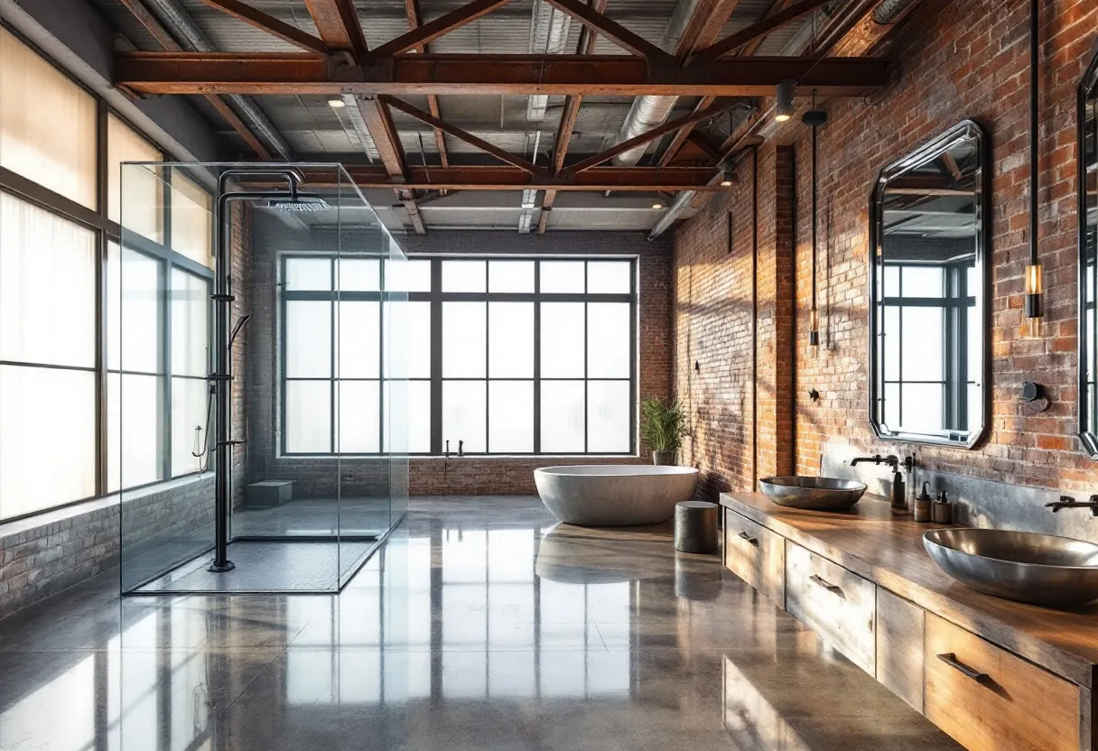 This industrial bathroom showcases an impressive blend of raw materials and modern design elements. The space is defined by exposed brick walls and steel beams, which provide a rugged and authentic industrial feel. Large windows allow natural light to flood the room, enhancing its spaciousness and highlighting the textures of the materials used. The strategic use of glass in the shower enclosure adds a sleek, contemporary touch while maintaining the open and airy atmosphere.

On the opposite side, a long wooden vanity with vessel sinks complements the industrial theme by combining natural and man-made elements. The concrete flooring reflects the minimalist aesthetic often associated with industrial design, while also being durable and practical. The understated elegance of this bathroom is accented by subtle lighting fixtures, which create a warm ambiance against the backdrop of raw materials. Overall, this space successfully merges functionality with stylish, industrial aesthetics.