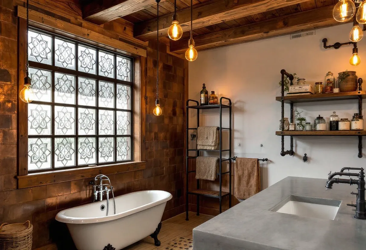 This industrial bathroom merges rustic charm with modern elements, creating a unique and inviting atmosphere. The space features a striking combination of natural wood and metal, highlighting the industrial design aesthetic. The exposed wooden beams on the ceiling add warmth and an organic touch, while the dark metal fixtures and piping introduce a contemporary edge. Soft, ambient lighting, provided by exposed filament bulbs, enhances the room’s cozy and intimate ambiance.

The focal point of the bathroom is a classic clawfoot tub positioned under a window with intricate, frosted glass, allowing natural light to gently filter into the space. Complementing the tub is a sturdy metal rack for towels, which serves both a functional and decorative purpose. To the side, open shelving crafted from wood and metal displays vintage-inspired jars and plant accents, infusing the room with personality and character. The concrete countertop and sink reinforce the industrial motif, providing a sleek and minimalistic contrast to the room’s more decorative elements.