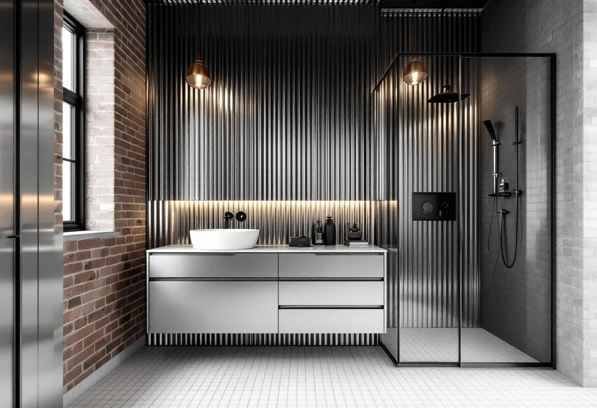 This industrial bathroom showcases a sleek design with its use of corrugated metal walls that create a textured backdrop, adding to the industrial aesthetic. The space is accentuated by the strategic use of lighting, with pendant lights hanging elegantly from the ceiling and providing a warm glow. The soft illumination highlights the simplicity and utility of the space. A modern vanity unit with clean lines and a minimalist white countertop complement the overall theme, while black fixtures provide a stark contrast, exemplifying the industrial chic vibe.

The choice of a brick wall on one side introduces an element of warmth and texture, enhancing the industrial character. The floor is laid with small, light-colored tiles that contribute to the clean and spacious feel of the room. The shower area is enclosed with clear glass panels, maintaining the open and airy atmosphere. Overall, this bathroom effectively combines raw industrial elements with modern design, creating a functional and stylish space.