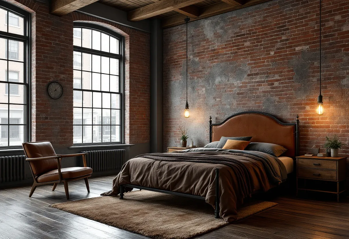 This industrial bedroom showcases a harmonious blend of raw materials and comfortable furnishings, exuding a chic and modern vibe. The prominent exposed brick wall serves as a key feature, adding texture and a rustic touch to the space. Large windows let in an abundance of natural light, enhancing the room's open-air feel. Metal frames and fixtures further emphasize the industrial theme, complementing the minimalist design. The sturdy wooden flooring adds warmth, balancing the coolness of the brick and metal elements.

The bed, with its simple design and neutral linens, acts as the focal point of the room, paired with a sleek nightstand and industrial-style hanging lights. A soft area rug under the bed provides a contrasting tactile element, adding to the room’s inviting ambiance. A comfortable leather chair beside the window presents a perfect spot for relaxation, integrating both style and functionality. Potted plants placed subtly around the room infuse a touch of nature, further enhancing the tranquil and balanced atmosphere.