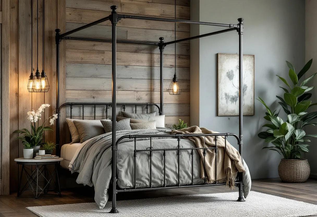 This industrial bedroom features a striking balance between rugged elements and cozy comfort. The focal point is the metal canopy bed frame, which stands out with its robust, geometrical lines and dark finish, embodying the industrial aesthetic. The bed is dressed in layers of soft, neutral-toned bedding, including gray, beige, and soft cream hues, which add warmth and texture to the space. Overhead, a pair of pendant lights with exposed bulbs hang from the ceiling, casting a warm glow and enhancing the industrial vibe with their cage-like design.

The surrounding decor complements the industrial theme while adding natural elements. A wooden accent wall behind the bed introduces a rustic touch, its natural wood grain enhancing the room's depth and contrast. To one side of the bed, a potted plant introduces a splash of green, creating a harmonious connection with nature. The room also includes a piece of simple, abstract wall art, adding an understated artistic element to the space. Together, these elements create a bedroom that is both industrially chic and invitingly comfortable.