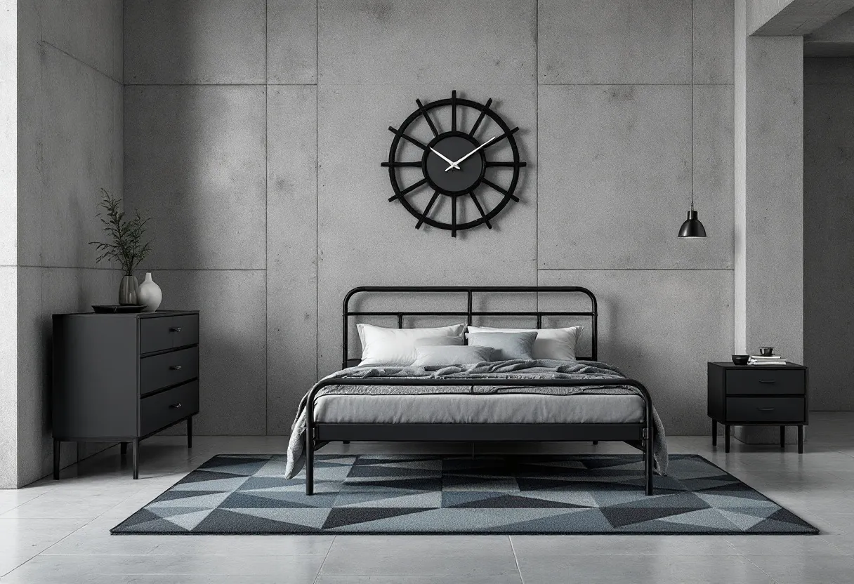 This industrial bedroom embodies a minimalist and modern aesthetic, with elements that emphasize simplicity and functionality. The focal point is a sleek, black metal bed frame set against a backdrop of gray concrete walls, offering a raw and unfinished look typical of industrial design. Complementing the bed is a geometric-patterned rug in various shades of gray and blue, adding a subtle touch of color and texture to the room. The tall, black dresser and matching nightstand provide essential storage while maintaining the room's clean lines and monochromatic palette.

The decor is minimal, with a large, bold black clock mounted on the wall above the bed, serving as a striking yet functional piece. A pendant light fixture hangs from the ceiling on one side of the bed, contributing to the industrial vibe with its straightforward design. A simple vase with greenery on the dresser brings a hint of nature into the space, providing a refreshing contrast to the otherwise industrial materials. This bedroom captures the essence of industrial design through its use of neutral colors, functional furnishings, and an overall sense of open space.