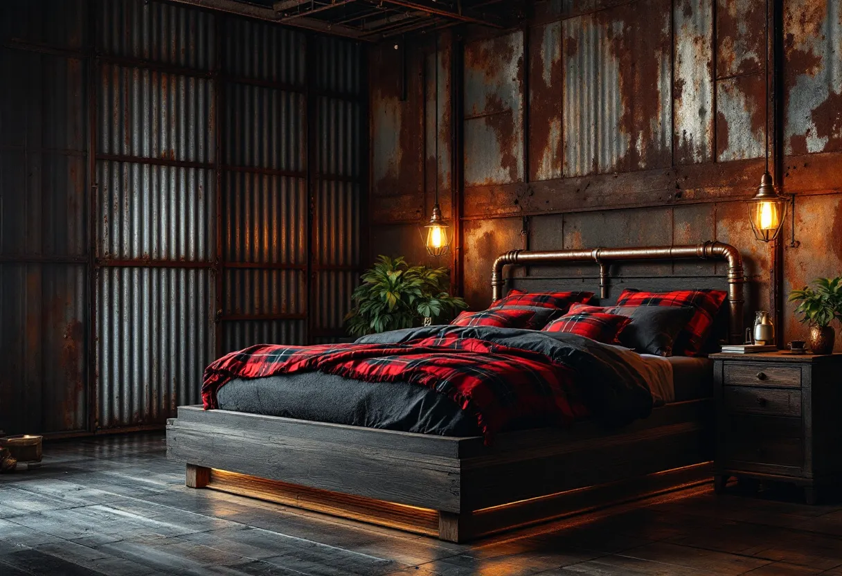 This industrial bedroom showcases a distinctive blend of ruggedness and warmth, primarily achieved through the use of raw and weathered materials. The walls, made of aged, corrugated metal and rusted steel panels, contribute to an authentic industrial aesthetic. This robust look is balanced by the soft lighting from the vintage-style hanging pendants, casting a warm glow across the room. The light fixtures, with their exposed bulbs and industrial design, complement the overall theme beautifully, enhancing the intimate ambiance.

The centerpiece of the room, a bed with a sturdy metal pipe headboard, emphasizes the industrial style further. Its bedding, featuring rich red and black plaid patterns, adds a cozy and inviting contrast to the room’s stark elements. Beneath the bed, a subtle underglow lighting feature accentuates the dark wooden flooring, adding a modern touch to the industrial theme. Green plants placed strategically around the room provide a refreshing splash of color and vitality, enhancing the overall aesthetic with a touch of nature.