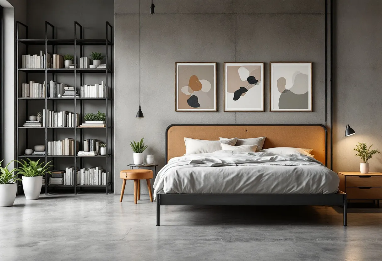 This industrial bedroom features a sleek, minimalist design with a focus on raw, modern aesthetics. The room centers around a bed with a simple, sturdy frame and a headboard in a warm, earthy tone that contrasts with the cooler grey tones of the concrete walls. Above the bed, there are three abstract art pieces that add a touch of contemporary flair and balance the room's overall muted color palette. The use of large concrete surfaces and exposed materials emphasizes the industrial theme while maintaining a sense of spaciousness and order.

The bedroom is complemented by practical, stylish furnishings, including wooden side tables that enhance the warmth of the space. A black metal shelving unit lines one wall, filled with books and decorative plants that introduce greenery and texture, subtly softening the room’s industrial edge. Pendant lights hang from the ceiling, providing focused illumination that highlights key areas. The thoughtful arrangement of elements combined with a neutral color scheme creates an inviting yet sophisticated atmosphere, perfect for a modern living space.