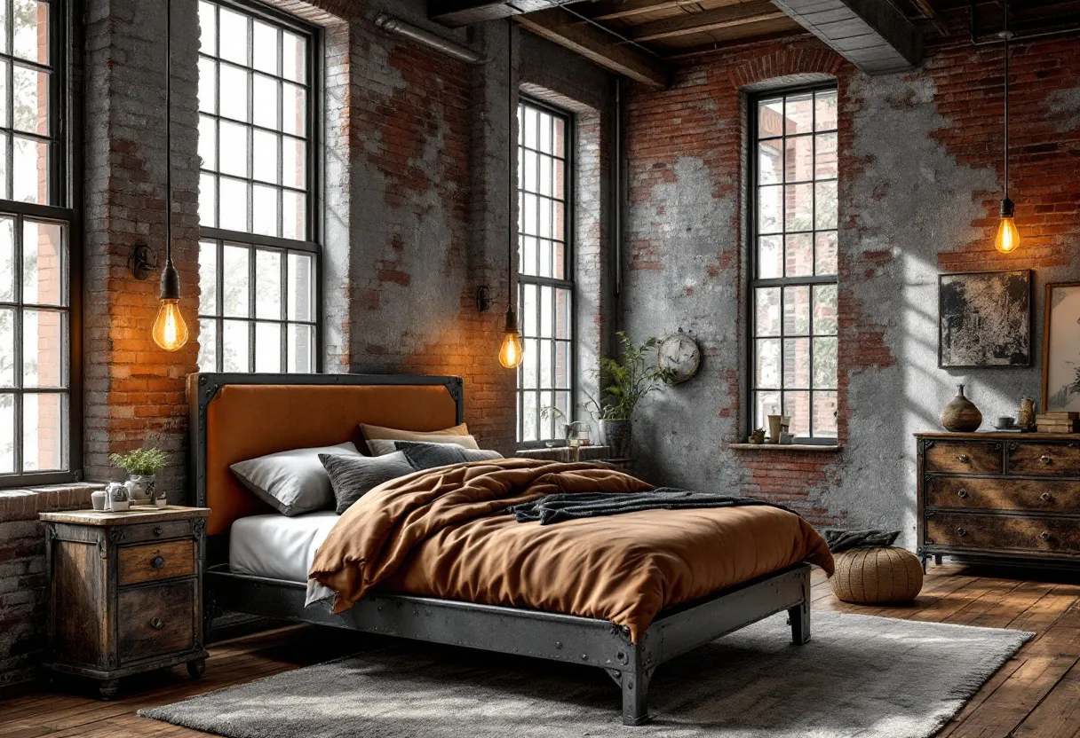 This industrial bedroom showcases a harmonious blend of rugged and cozy elements, creating a warm and inviting atmosphere. The exposed brick walls feature a weathered texture, adding character and authenticity to the space. Large windows with black frames allow natural light to flood in, highlighting the room's earthy tones and enhancing its industrial charm. The bed, with its metal frame and brown upholstered headboard, serves as a focal point, complemented by a neutral-colored duvet and a mix of pillows that add layers of comfort. 

Adjacent to the bed, a rustic wooden nightstand displays a simple decor, including a small lamp and a plant that introduces a touch of greenery. The pendant lights hanging from the ceiling exude a soft glow, enhancing the room's cozy ambiance. A rough, gray area rug anchors the space, providing texture against the warm wooden floorboards. The overall aesthetic is characterized by a balance of minimalism and warmth, making this industrial bedroom both stylish and comfortable.