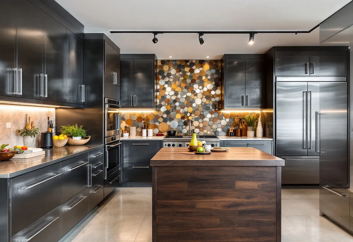 This industrial kitchen showcases a sleek and modern design, characterized by its dark cabinetry and stainless steel appliances. The cabinets have a smooth, glossy finish with long, streamlined handles, creating a minimalist and clean aesthetic. The central island features a rich, dark wood surface, providing a warm contrast to the cooler tones of the cabinetry and appliances. Recessed lighting under the cabinets enhances the workspace, highlighting both the countertop and backsplash.

The backsplash is a standout feature, composed of multi-colored, hexagonal tiles that add texture and visual interest. These tiles incorporate earth tones and metallics, providing a dynamic backdrop against the sleekness of the cabinetry. The kitchen is equipped with high-end appliances, including a double oven and a large refrigerator, indicating functionality for serious culinary endeavors. Decorative elements, such as bowls of fresh produce and potted herbs, lend a touch of nature and color, balancing the room’s industrial elements.