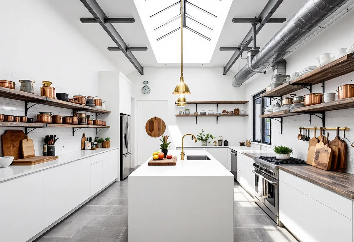 This industrial kitchen showcases a sleek and contemporary design with a bright, airy atmosphere. The space is illuminated by a large skylight, which enhances the natural lighting and brings a sense of openness to the room. A central island serves as a focal point, featuring a modern sink with a striking gold faucet. This island not only provides ample workspace but also doubles as a gathering spot for culinary activities. The kitchen’s color palette is predominantly white, with accents of natural wood and metallics, adding warmth and a touch of sophistication to the modern aesthetic.

Functional open shelving displays an impressive collection of copper cookware and kitchen essentials, contributing to the industrial vibe while ensuring easy access to frequently used items. Sleek white cabinetry lines the walls, offering abundant storage solutions to maintain a clutter-free environment. The stainless steel appliances, positioned strategically for efficient workflow, underscore the industrial theme while ensuring high functionality. With its clean lines, practical layout, and harmonious blend of materials, this kitchen is both stylish and highly functional, catering perfectly to both casual and serious culinary endeavors.