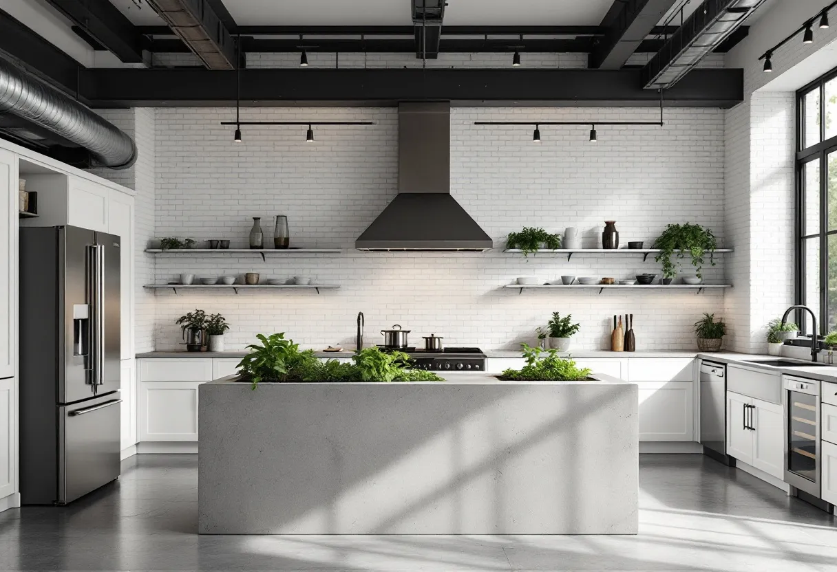 This industrial kitchen presents a sleek and modern design, characterized by a harmonious blend of minimalist elements and functional components. The heart of the space is an expansive island with a simple, smooth surface, adorned with lush greenery that adds a touch of nature to the otherwise monochromatic setting. The island provides ample workspace and serves as a central point for meal preparation. Overhead, a prominent extractor hood takes center stage, emphasizing the kitchen's industrial style while ensuring proper ventilation.

In the background, the kitchen features open shelving, showcasing neatly arranged crockery and decor items against a classic white brick wall. This open design not only allows for easy access but also maintains an airy and spacious feel. The white cabinetry and stainless-steel appliances, including a modern refrigerator, blend seamlessly with the surrounding decor, enhancing the kitchen’s clean and efficient aesthetic. Tall windows allow natural light to flood the space, accentuating its bright and welcoming atmosphere.