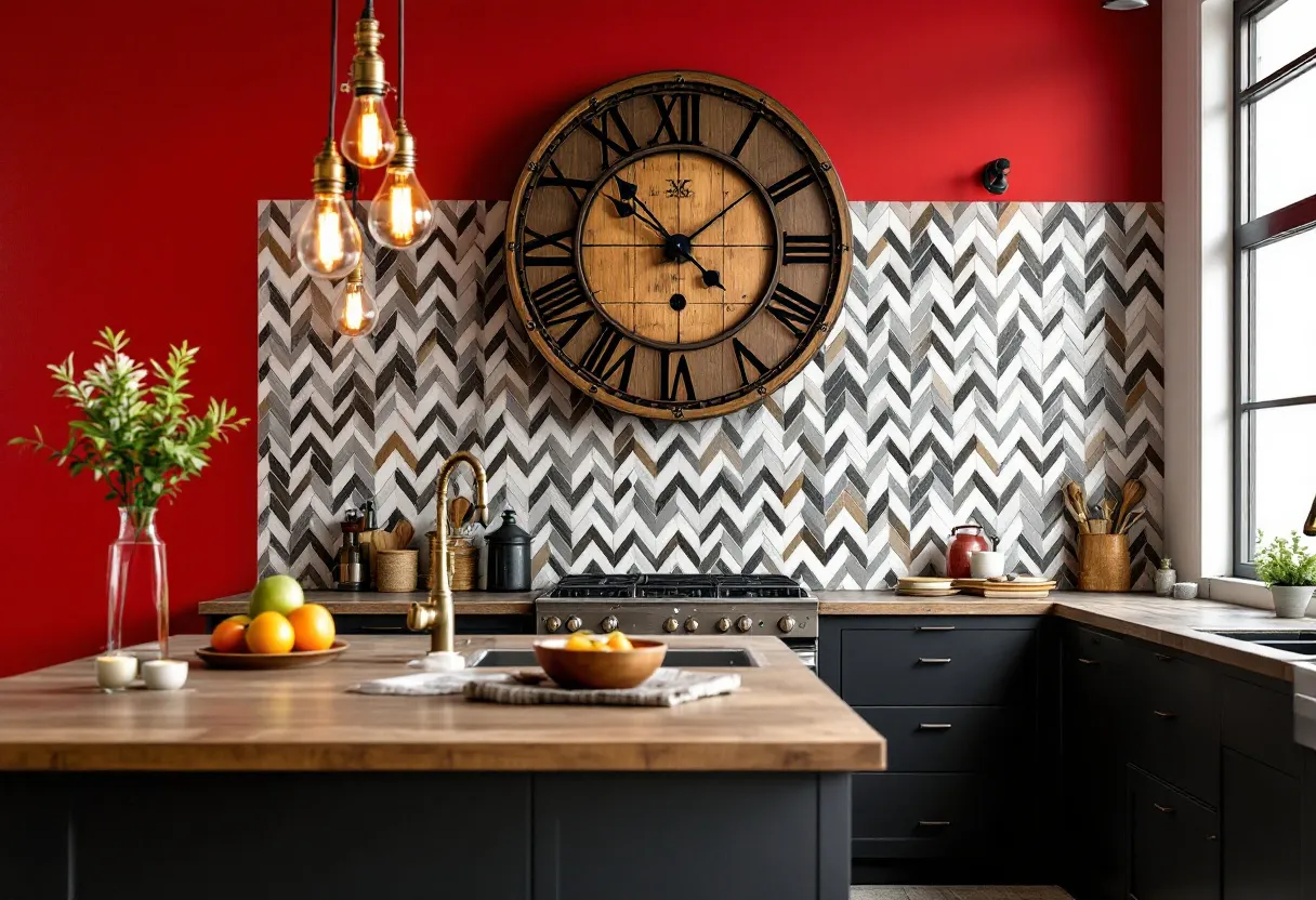 This industrial kitchen exudes a blend of modern elegance and rustic charm, characterized by its striking red walls that create a bold backdrop. The large wooden clock mounted on a herringbone-patterned backsplash serves as a focal point, combining functionality with a vintage aesthetic. With open shelving and dark cabinetry, the kitchen offers ample storage options while maintaining an uncluttered appearance.

The centerpiece is a spacious kitchen island topped with a wooden surface, beautifully complemented by industrial-style pendant lighting. The gold-toned faucet adds a touch of warmth and sophistication, while a bowl of fresh fruit and well-placed greenery bring a sense of vitality and freshness to the space. The overall design skillfully merges industrial elements with cozy touches, resulting in a welcoming and practical kitchen environment.