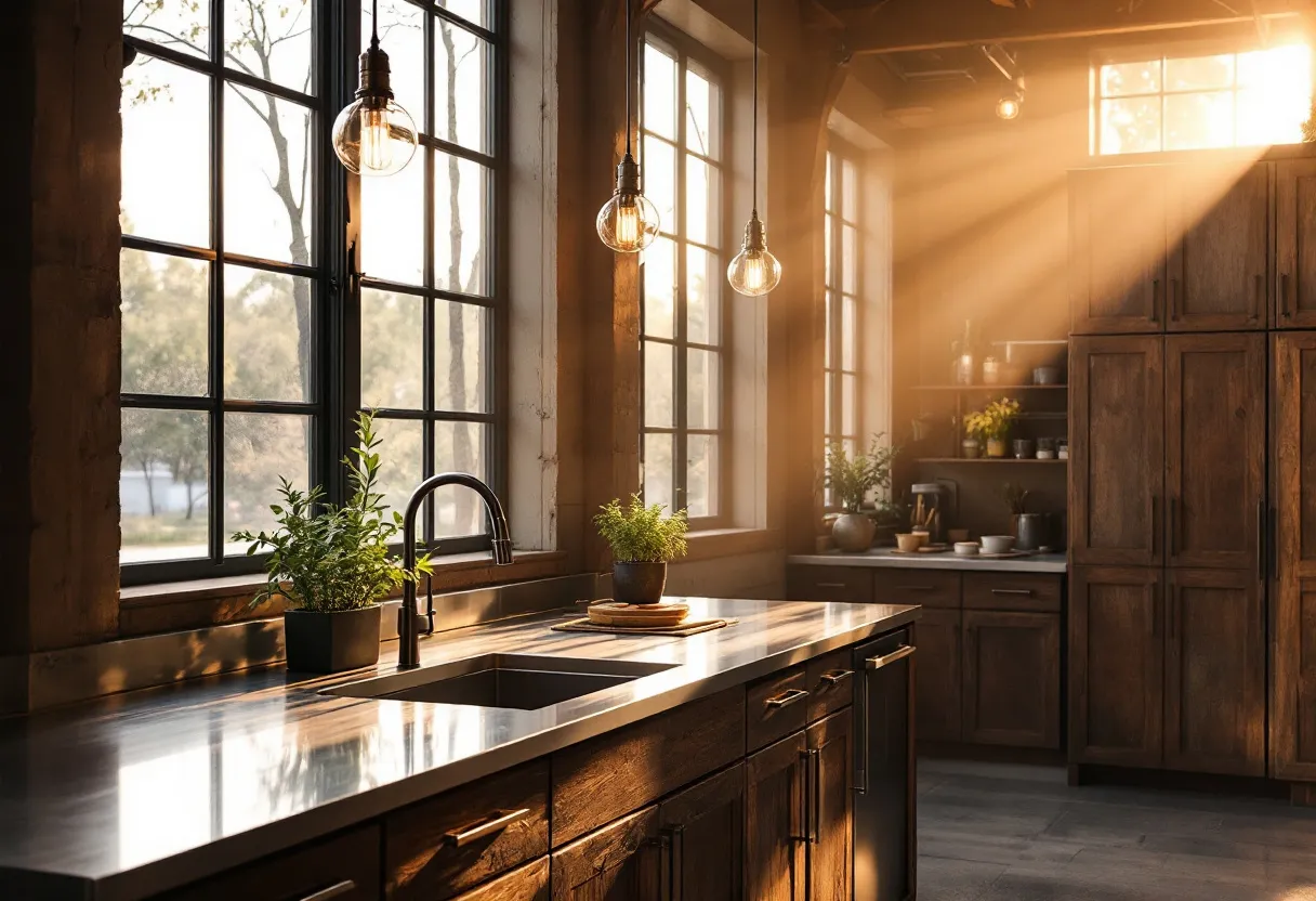 This industrial kitchen features a sleek and modern design with its stainless steel countertops that provide a durable and easy-to-clean workspace. The expansive windows allow natural light to flood the space, enhancing the warm tones of the wooden cabinetry. The combination of metal and wood creates a harmonious balance between industrial and rustic elements. Potted plants are strategically placed on the counter, adding a touch of greenery and freshness to the room.

The kitchen is equipped with fixtures that emphasize functionality and style. The contemporary faucet complements the overall aesthetic while providing practical usage. Pendant lights hang from the ceiling, casting a soft glow that enhances the kitchen's welcoming atmosphere. Open shelves hold various kitchenware, making items easily accessible and contributing to the space’s organized yet inviting look. The thoughtful combination of materials and design elements makes this kitchen both aesthetically pleasing and highly functional.