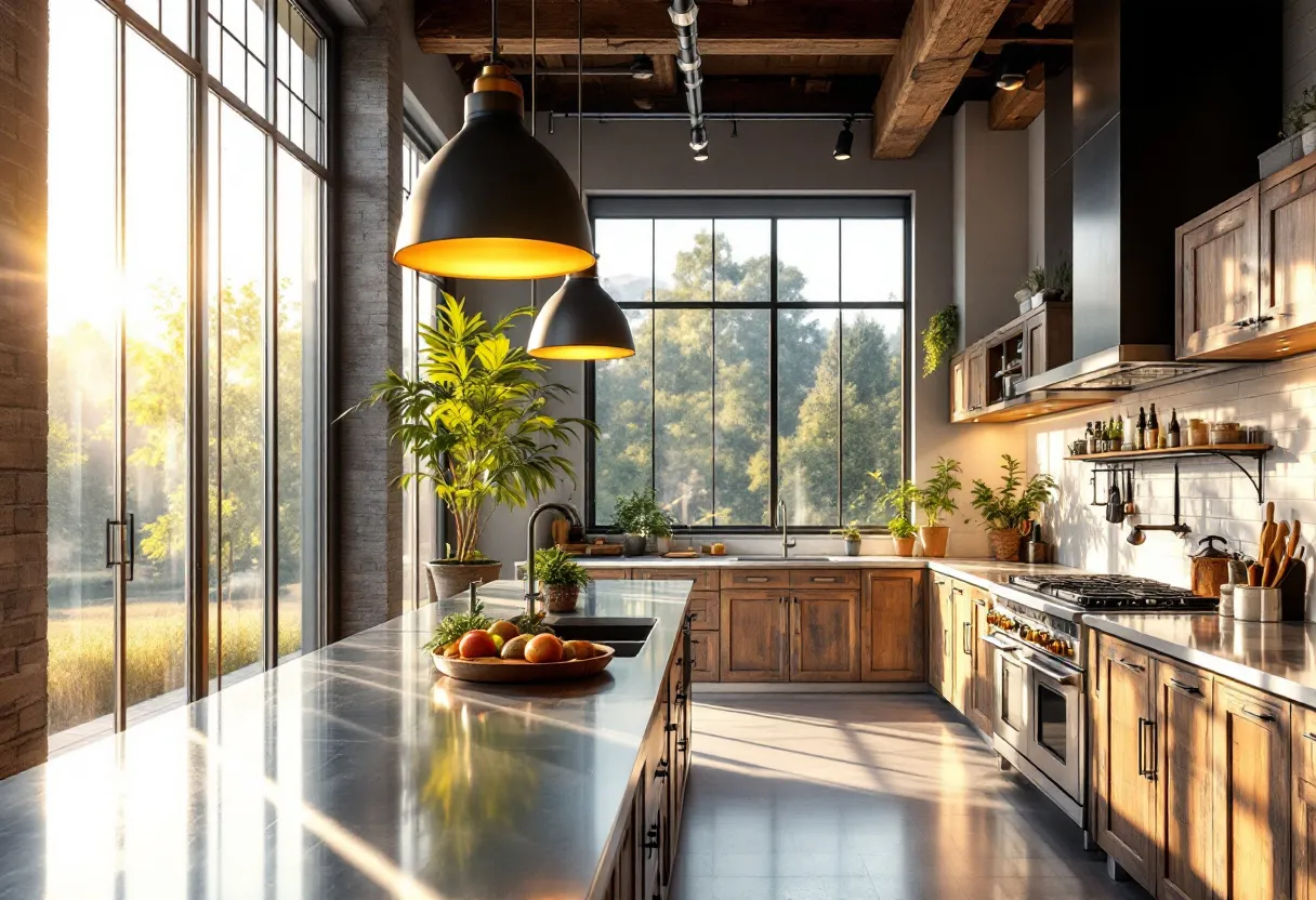 This industrial kitchen features an open and spacious design, accentuated by floor-to-ceiling windows that flood the space with natural light. The large windows offer views of the lush greenery outside, adding a refreshing touch to the modern interior. The room is illuminated with stylish pendant lights that hang from the wooden beam ceiling, introducing an industrial charm that complements the room's sleek and functional aesthetic.

The kitchen is equipped with stainless steel countertops and appliances, reinforcing its industrial theme while ensuring durability and ease of cleaning. Wooden cabinetry brings warmth to the room, contrasting beautifully with the sleek metal surfaces. A variety of potted plants are strategically placed throughout the kitchen, providing a vibrant and inviting atmosphere. The overall layout is efficient, with ample counter space and storage, designed for both functionality and style.