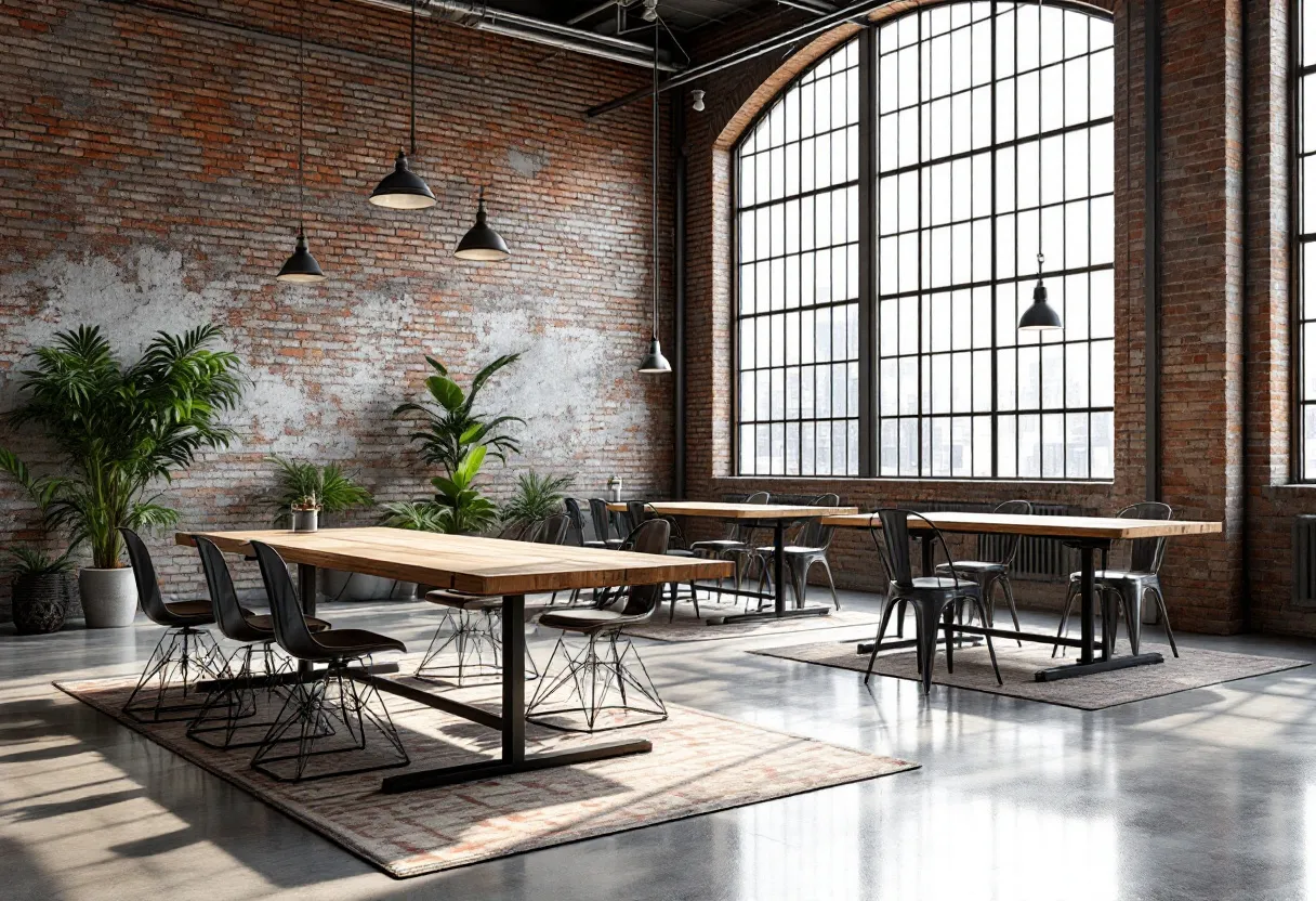 This industrial office embraces a sophisticated blend of modern and rustic aesthetics. The space is characterized by exposed brick walls, which add a rugged charm and texture that is both stylish and timeless. Large, arched windows flood the room with natural light, highlighting the polished concrete floors and creating an inviting atmosphere. The use of metal and wood in the furniture design enhances the industrial feel, with sleek black chairs complementing sturdy wooden tables. The high ceiling, with visible pipes and beams, contributes to an open and raw ambiance, making the office feel expansive and dynamic.

Incorporating elements of greenery, the industrial office features several lush plants strategically placed to provide a fresh contrast against the earthy tones of brick and metal. Pendant lights hang from the ceiling, providing ample illumination while adding to the visual interest with their minimalist design. The overall layout is spacious and thoughtfully arranged, promoting a collaborative work environment. Neutral-toned rugs under each table area define separate zones within the open space, contributing to a well-organized and harmonious setting.