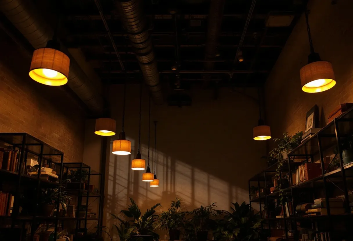 This industrial office exudes a warm and inviting atmosphere with its strategic use of lighting and decor. The ceiling, showcasing exposed ductwork, adds to the industrial aesthetic while a series of hanging pendant lights cast a soft, warm glow throughout the space. These lights perfectly complement the dark, rustic shelves filled with books and green plants, creating a cozy and thoughtful environment. The combination of metal and wood elements suggests a balance of modernity and tradition, enhancing the overall aesthetic appeal.

The layout of the office maximizes the use of vertical space. Tall shelving units line the walls, housing an eclectic mix of books and decorative items that add personality and character. The presence of lush plants introduces a natural element, bringing life to the industrial setting and promoting a sense of tranquility. This fusion of elements makes the office not only functional but also aesthetically pleasing, embodying a space where creativity and productivity can flourish.