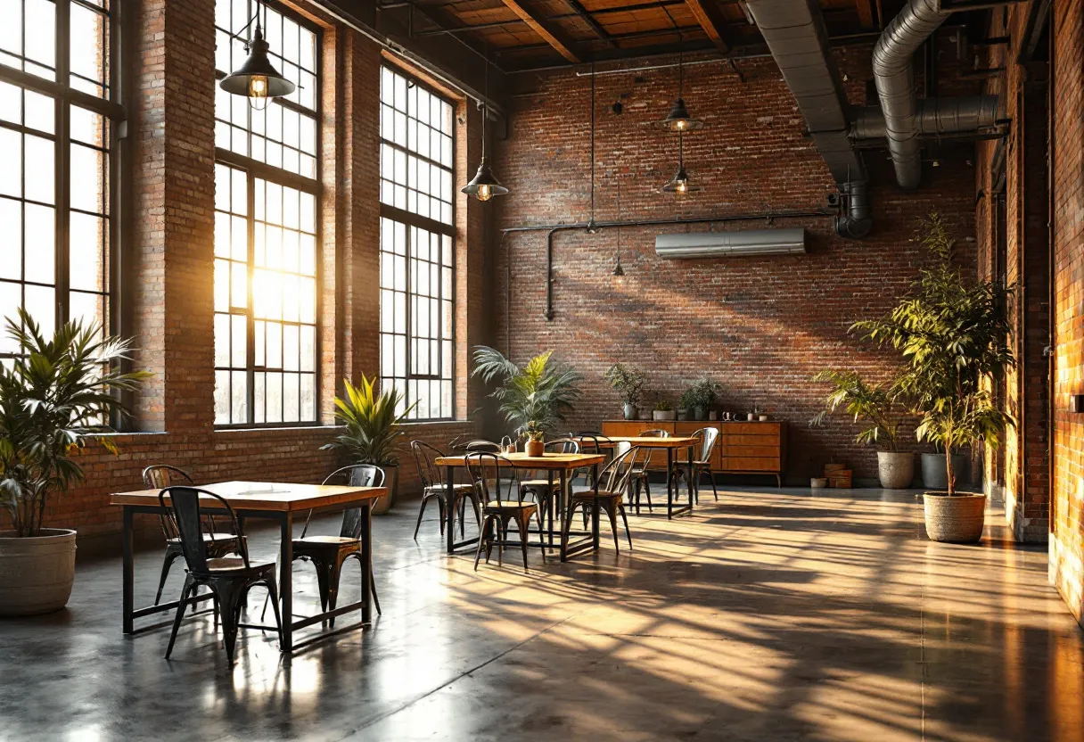 This industrial office showcases a blend of rustic and modern aesthetics, characterized by its exposed brick walls and high ceilings, which are adorned with visible ductwork and industrial-style pendant lighting. The large, grid-patterned windows allow natural light to flood the space, creating a bright and airy atmosphere. The polished concrete floor enhances the industrial feel, complementing the sturdy design of the space.

The office is furnished with simple wooden tables and metal chairs, providing a minimalist yet functional environment for collaborative work or meetings. Potted plants are strategically placed throughout the office, adding a touch of greenery that softens the overall look and contributes to a more inviting atmosphere. The expansive layout and use of natural materials create a versatile and comfortable workspace, suitable for a range of professional activities.