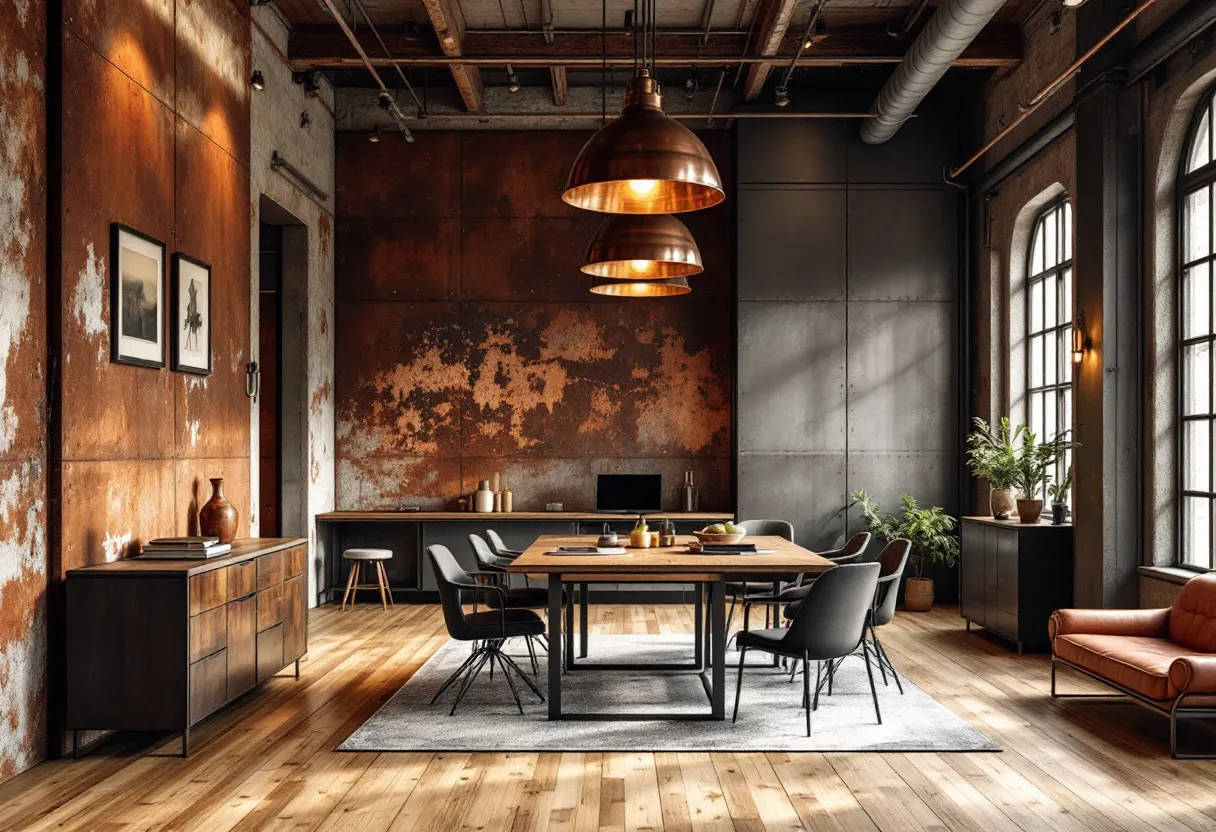 This industrial office showcases a striking combination of rustic and contemporary design elements. The walls feature a mix of raw, rusted iron panels alongside smoother, darker segments, providing a textured and visually appealing backdrop. The exposed ceiling beams and ductwork add to the industrial aesthetic, enhancing the room's structural authenticity. Large arched windows allow ample natural light to flood the space, highlighting the earthy tones and metal accents. The pendant lighting with its warm glow further complements the raw materials and sets a welcoming ambiance.

The office features a central wooden table with sleek black chairs, blending functionality with style. The wooden flooring, covered partially by a textured area rug, adds warmth and a sense of comfort to the space. Minimalistic cabinetry and storage units line the walls, offering practicality without distracting from the overall design. The carefully placed indoor plants contribute a touch of greenery, bringing life and a natural element into the industrial setting. Decorative pieces, such as framed artworks and carefully curated ceramics, add personal touches to the office, creating a balanced harmony between industrial ruggedness and creative sophistication.