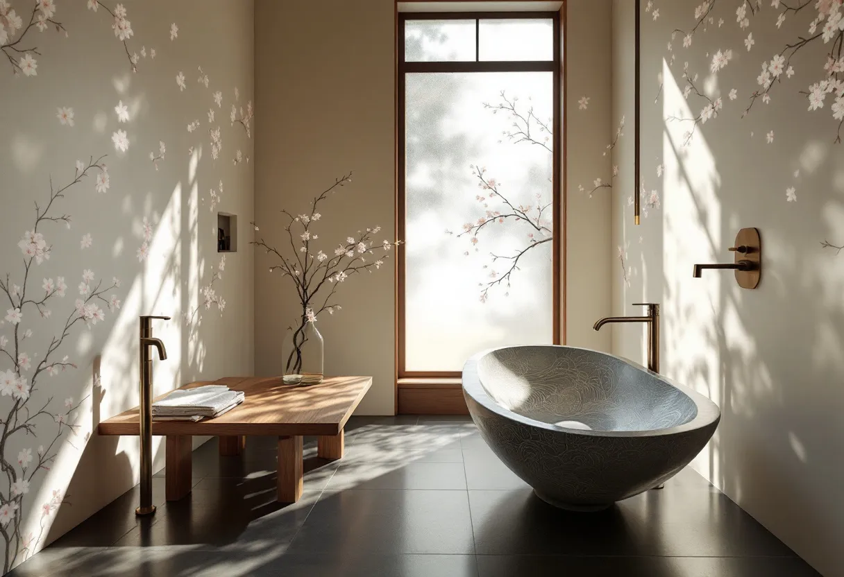 This Japanese bathroom exudes a sense of tranquility and minimalist elegance, combining traditional elements with modern design. The space is adorned with delicate cherry blossom motifs on the walls, which enhance the serene atmosphere and bring a touch of nature indoors. The frosted glass window allows soft, diffused light to enter, casting gentle shadows that accentuate the room's calming aesthetic. The use of light colors and natural materials creates a harmonious and peaceful environment.

Centrally featured is a unique, bowl-shaped sink with intricate patterns, lending an artistic flair to the bathroom. The wooden bench, paired with a simple glass vase containing a single branch with blossoms, adds to the understated elegance. The layout emphasizes open space, allowing for a sense of relaxation and contemplation. The selection of fixtures, with their simple yet refined design, complements the overall serene vibe, making this bathroom a perfect retreat for unwinding and rejuvenating.