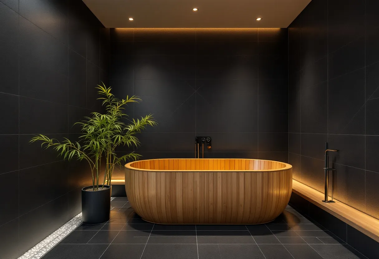 This Japanese bathroom embodies a harmonious blend of minimalism and natural elegance. The central feature is a beautifully crafted wooden soaking tub, known as an ofuro, characterized by its warm, inviting tones and smooth finish. Its presence in the room promotes serenity and relaxation, reminiscent of traditional Japanese bathing practices that emphasize the soothing qualities of water and wood. The carefully chosen materials, such as the wood for the tub, highlight a deep respect for nature and craftsmanship, which is typical in Japanese design philosophy.

The dark tiled walls and floors provide a striking contrast to the tub, enhancing the room’s overall sense of tranquility and calm. A potted plant adds a touch of greenery, bringing an element of nature indoors and contributing to the spa-like atmosphere. Subtle lighting from overhead fixtures casts a soft glow, creating a peaceful ambiance ideal for unwinding. This bathroom perfectly balances functionality with aesthetic simplicity, creating a space that is not only practical but also meditative and peaceful.