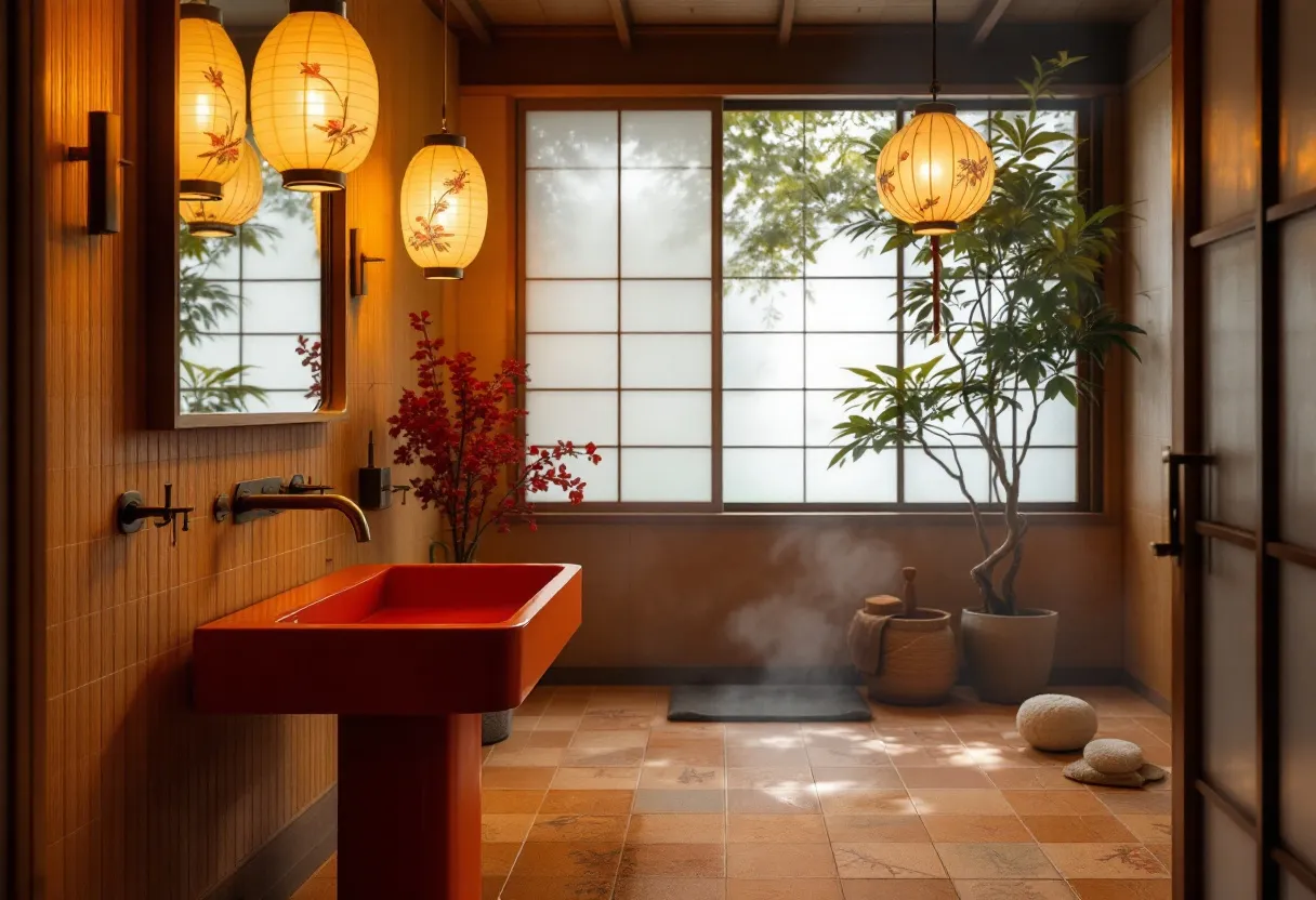 This Japanese bathroom exudes a serene and calming atmosphere, characteristic of traditional Japanese design. The space is anchored by the presence of warm, natural materials and a harmonious color palette. A deep red sink stands out against the earthy tones, adding a bold yet still tasteful splash of color. The simplicity of the fixtures is a nod to minimalistic aesthetics, emphasizing function over form, while maintaining elegance. Wall-mounted lighting fixtures, with their soft glow, create a tranquil ambiance reminiscent of paper lanterns, enhancing the sense of tradition and tranquility.

The bathroom's shoji-style window allows diffused natural light to filter into the room, highlighting the seamless blend of indoor and outdoor elements—a hallmark of Japanese design. A carefully placed potted plant adds a touch of greenery, contributing to the space's organic feel. The floor is tiled in shades of brown and terra cotta, its texture adding a subtly rustic element. Overall, this bathroom captures the essence of Japanese aesthetics: simplicity, natural beauty, and a mindful connection with nature.