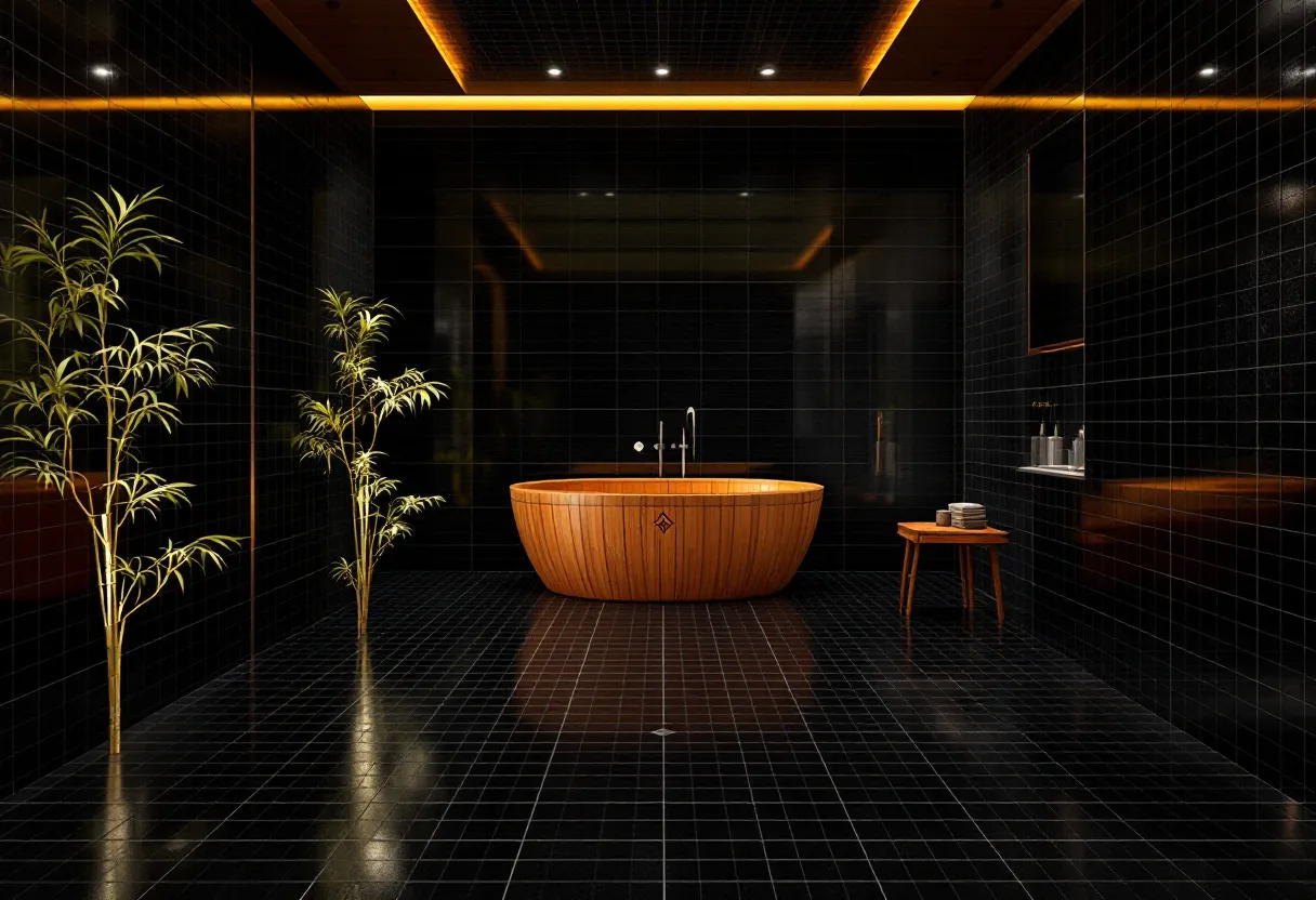 This Japanese bathroom exudes a sense of tranquility and elegance through its minimalist and harmonious design. The central feature is a beautifully crafted wooden soaking tub, which highlights the natural aesthetics typical of a traditional Japanese bath. The tub's warm color contrasts with the sleek black tiles that adorn the walls and floor, creating a sophisticated and serene atmosphere. Soft, indirect lighting runs along the edges of the ceiling, casting a gentle glow that enhances the ambient feel of the space.

On one side of the room stands a small wooden stool, complementing the tub and offering functionality and an additional layer of traditional appeal. The presence of bamboo plants adds a touch of nature, emphasizing the Japanese value of incorporating natural elements into interior spaces. This careful blend of materials and thoughtful lighting underscores a dedication to simplicity and balance, promoting a calming and restorative environment.