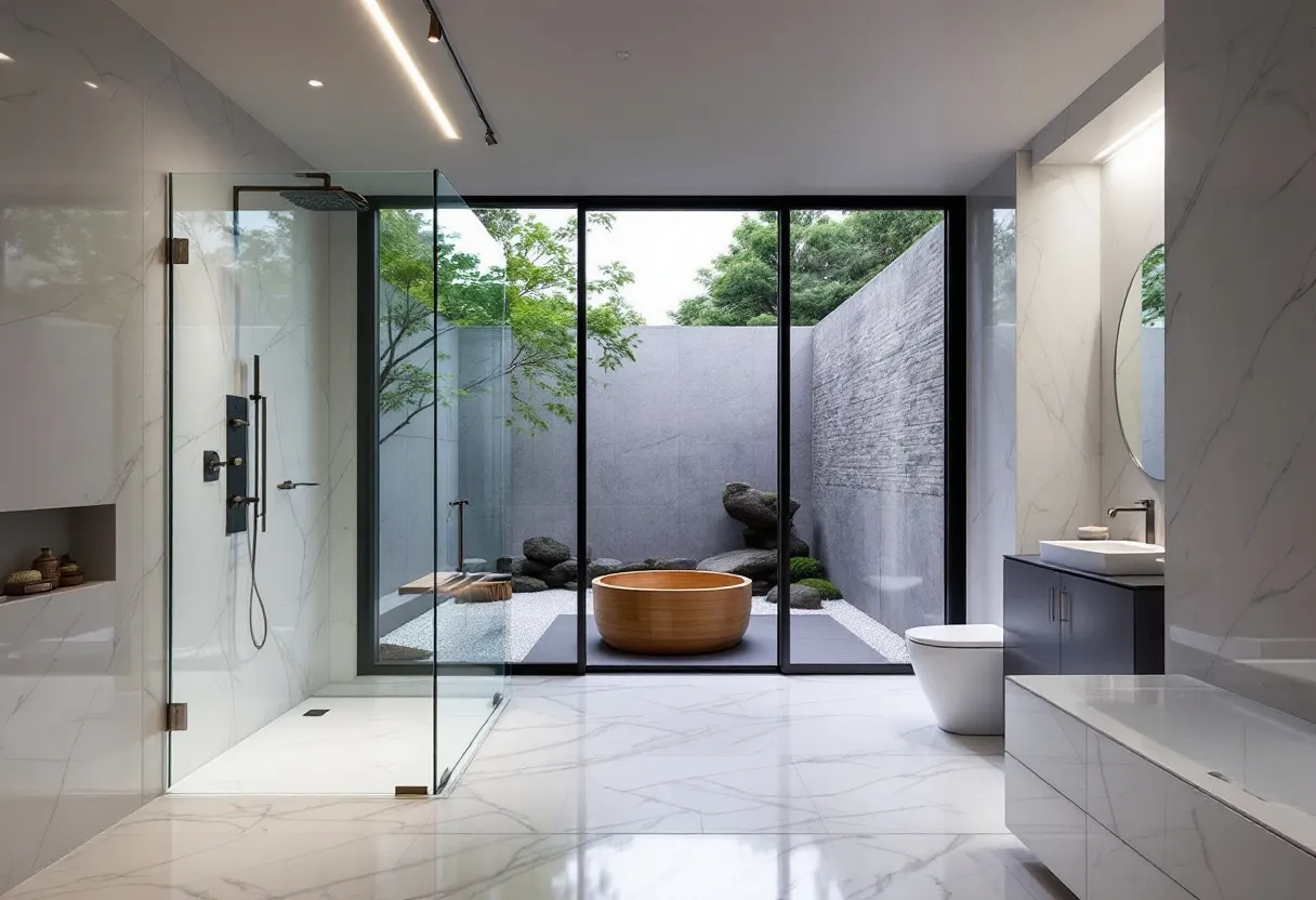 This Japanese bathroom captures the essence of minimalist elegance and nature integration. The room is dominated by a sense of openness, enhanced by full-length glass panels that offer a view into a private, zen-like garden. Within this garden space, carefully arranged rocks and a central wooden soaking tub invite tranquility and relaxation, embodying the Japanese philosophy of harmony with nature. The use of natural materials, like wood and stone, complements the minimalist design, adding warmth and organic textures to the space.

Inside, the bathroom features a sleek, modern design with clean lines and a muted color palette. The glass-enclosed shower and marble-patterned flooring contribute to its luxurious yet understated aesthetic. A simple vanity with a circular mirror and subtle lighting enhances the room's functionality while maintaining its serene atmosphere. This bathroom exemplifies contemporary Japanese design, where minimalism meets elegance, providing a calming retreat that seamlessly blends indoor and outdoor environments.