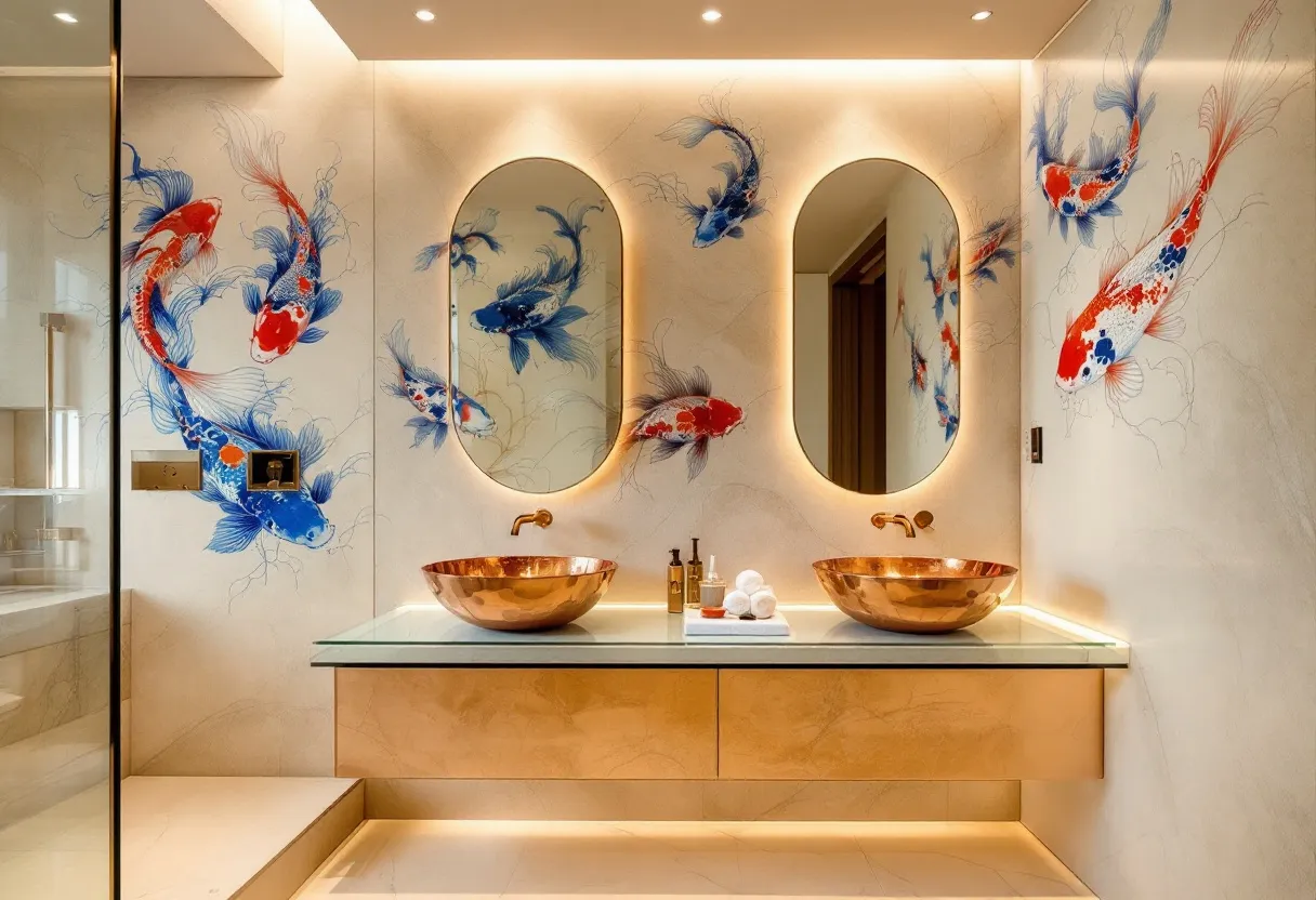 This Japanese bathroom combines modern elegance with traditional artistry, featuring a striking design that captivates the senses. The walls are adorned with vibrant koi fish illustrations, showcasing a palette of red, blue, and white, which brings a dynamic and tranquil element to the space. These intricate designs, reminiscent of traditional Japanese art, add both depth and movement to the bathroom, capturing the serene beauty of nature. The backlit mirrors further enhance the artistic atmosphere, casting a gentle glow that complements the overall aesthetic.

In terms of fixtures, the bathroom features two stunning copper vessel sinks that serve as focal points on the glass countertop. The warm, metallic tones of the sinks beautifully contrast with the cooler hues of the koi fish, creating a harmonious balance. The minimalist faucet design emphasizes sophistication and functionality, while neatly arranged toiletries and towels convey an air of meticulous organization. Soft, ambient lighting under the countertop and around the mirrors accentuates the luxurious feel of the space, making it both a visually appealing and serene environment.