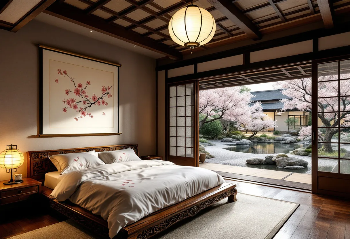 This Japanese bedroom exudes tranquility and elegance, defined by its harmonious blend with nature and traditional aesthetic elements. The prominent sliding shoji doors open to reveal a picturesque view of a serene garden, featuring cherry blossom trees and a tranquil pond. The walls are adorned with a delicate piece of art that showcases cherry blossoms, echoing the natural beauty outside and creating a seamless connection between the interior and the outdoor environment. The soft glow from the hanging paper lantern and the lamp on the bedside table imbues the room with a warm, inviting ambiance.

The furnishings in the bedroom highlight traditional Japanese craftsmanship. The low wooden bed is adorned with white bedding, subtly embroidered with cherry blossom motifs that mirror the theme of the room. Its intricate wooden carvings add a touch of sophistication, while the polished wooden floor complements the overall minimalist design. The careful choice of decor and the room's layout prioritize simplicity and functionality, which contributes to a sense of peace and relaxation, typical of Japanese interior design.