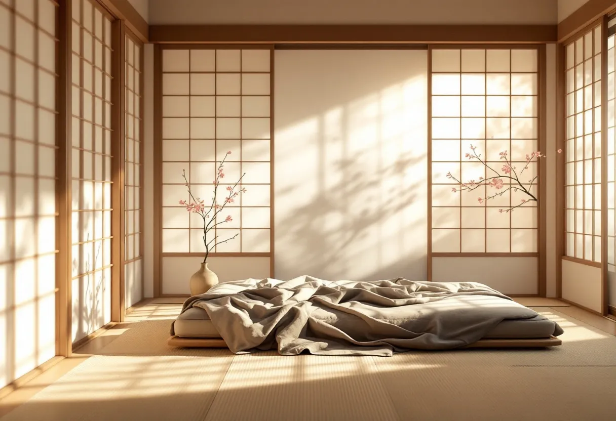 This Japanese bedroom exudes simplicity and tranquility, embodying the essence of minimalism that is central to traditional Japanese interior design. The focal point of the room is a low futon bed, set directly on the tatami mat flooring, which provides a natural and earthy texture to the space. The futon is adorned with a soft, neutral-colored blanket, enhancing the serene atmosphere. Sunlight gently filters through the shoji screens, casting delicate patterns of light and shadow on the walls and floor, adding a tranquil and airy feel to the room.

The space is complemented by two delicate vases, each holding a single branch adorned with sakura blossoms. These vases not only serve as beautiful decorative elements but also bring a touch of nature indoors, aligning with the Japanese aesthetic of finding beauty in simplicity and natural elements. The sliding shoji screens, framed in light wood, further enhance the minimalist aesthetic while also providing flexibility in opening the room to additional light and air. This integration of natural elements and soft lighting creates a peaceful and balanced environment, perfect for relaxation and reflection.