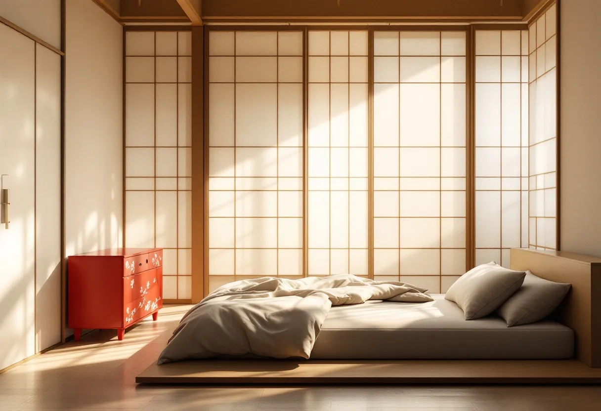 This Japanese bedroom exudes a serene and minimalist aesthetic, characterized by its use of traditional elements. The room features shoji screens, which are sliding panels made of translucent paper set in a wooden frame, allowing soft natural light to filter through and create a tranquil ambiance. The tatami mat flooring adds a classic touch, providing an authentic Japanese feel while enhancing the room's simplicity and connection to nature.

The low platform bed, typical in Japanese interiors, sits close to the floor, emphasizing minimalism and functionality. A bold, red dresser adds a pop of color to the otherwise neutral palette, featuring delicate white floral patterns that provide a subtle decorative element. This room perfectly balances traditional style with modern comfort, creating a peaceful retreat that invites rest and relaxation.