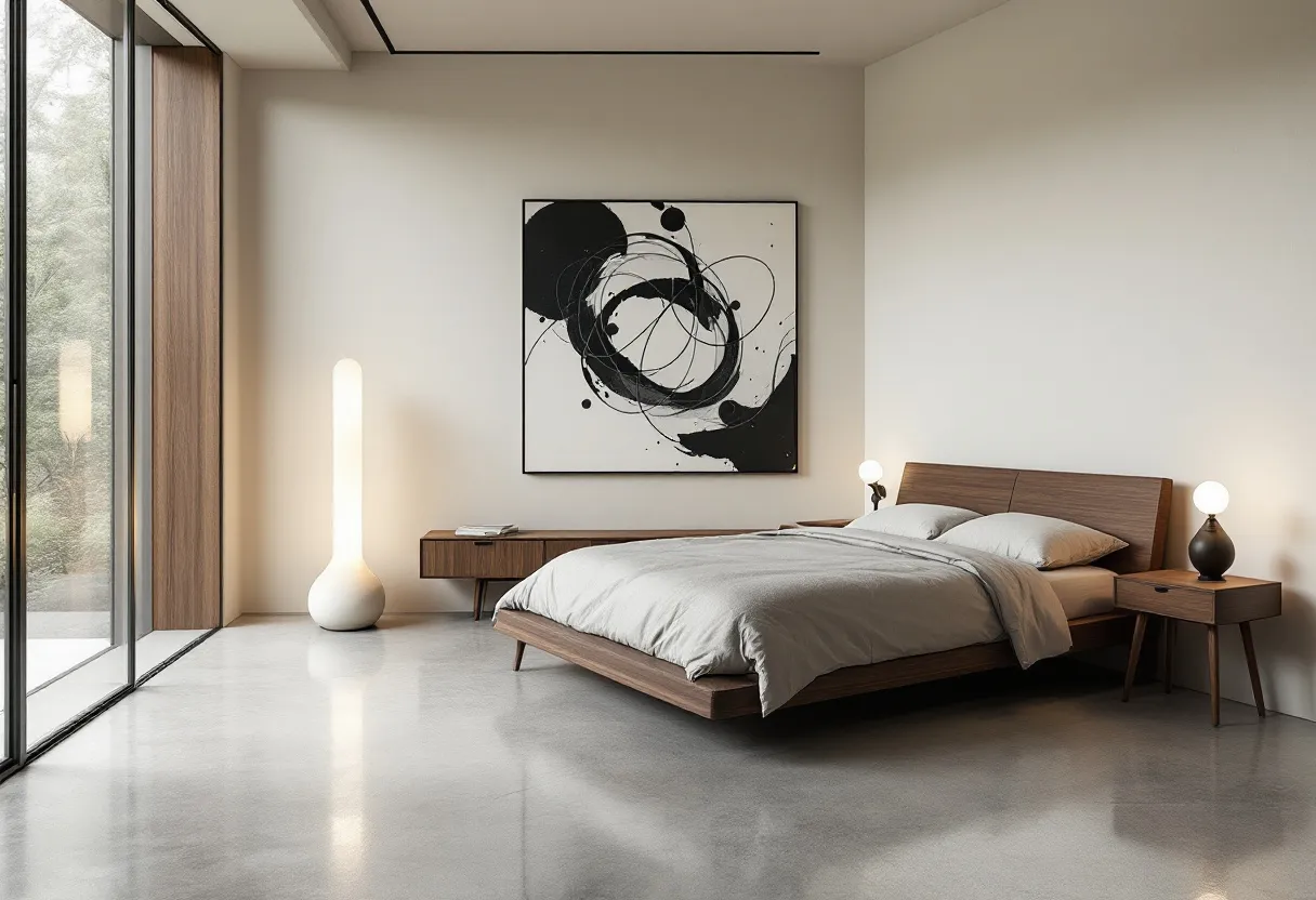 This Japanese bedroom exudes a minimalist and serene atmosphere, emphasizing simplicity and natural elements. The room features a large bed with a wooden frame, showcasing clean lines and a low profile that enhances the sense of openness. A neutral color palette dominates the space, with soft grays and whites creating a calm and peaceful environment. The bedding is simple, yet elegant, complementing the room's understated elegance.

Natural light floods the room through expansive floor-to-ceiling windows, illuminating the polished concrete floor and enhancing the connection with the outdoors. A piece of abstract art with bold black strokes adorns the wall above a sleek wooden sideboard, adding a modern touch to the room. Beside the bed, small round lamps add soft lighting, while a tall, narrow floor lamp stands in the corner, contributing to the room’s harmonious blend of functionality and aesthetics.