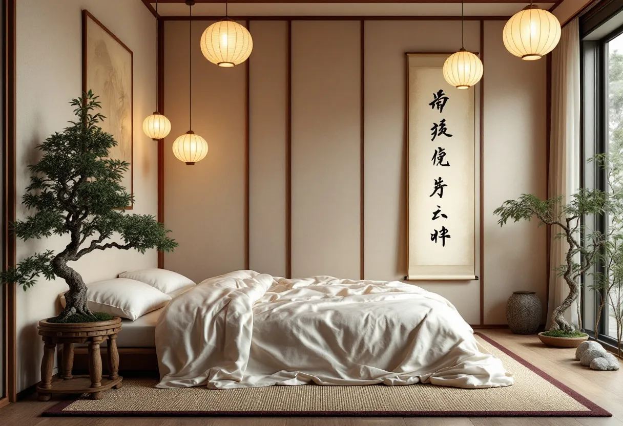 This Japanese bedroom exudes a profound sense of serenity and balance, characterized by its minimalist design and harmonious elements. The room is anchored by a low bed with crisp, white bedding that complements the natural hues and textures of the tatami mat flooring. Traditional shoji screens add a sense of intimacy while maintaining a connection with the outside environment. Soft, ambient lighting from the paper lanterns creates a warm glow, enhancing the tranquil atmosphere of the space.

Adding to the room’s aesthetic and calming ambiance, a Bonsai tree sits gracefully on a wooden stand beside the bed, highlighting a commitment to nature and simplicity. On the wall, a scroll with Japanese calligraphy serves as a focal point, providing not only visual interest but also a touch of cultural significance. The use of natural materials and subtle design choices reflects the essence of Japanese interior philosophy, focusing on tranquility, order, and the beauty found in simplicity.