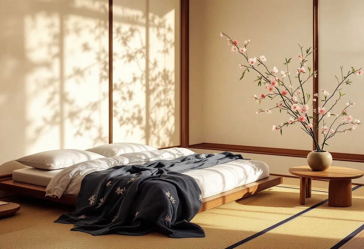 This Japanese bedroom exudes a serene and minimalist charm, characterized by its simplicity and natural elements. The focal point of the room is the low wooden platform bed, which sits directly on the tatami mat flooring, a traditional choice in Japanese interiors. The bed is made up with crisp white bedding, complemented by a dark blue throw blanket adorned with delicate floral patterns, adding a subtle touch of elegance and color to the space. 

The room is softly lit, with shadows of leaves and branches casting intricate patterns on the walls, creating a calming and natural atmosphere. A small wooden table beside the bed holds a vase with a beautifully arranged branch of cherry blossoms. This arrangement enhances the room's connection to nature and adds a touch of seasonal beauty. The overall aesthetic is one of tranquility and harmony, emphasizing the Japanese principles of balance, simplicity, and integration with nature.