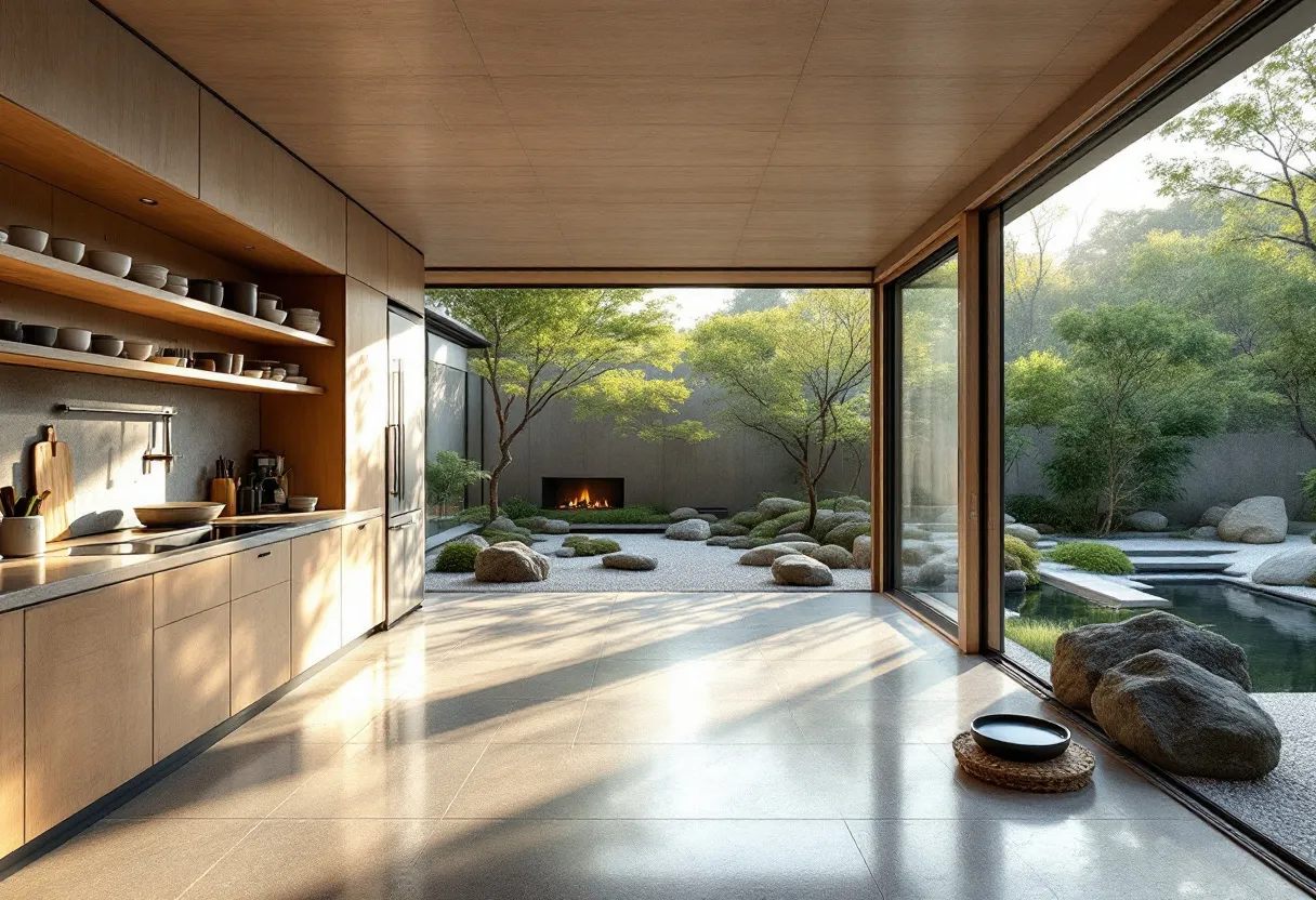 This Japanese kitchen exudes a serene and minimalist aesthetic, embodying the principles of Zen-inspired design. The use of natural wood for cabinetry and shelving creates a warm and inviting ambiance, harmonizing with the neutral tones of the smooth stone flooring. Open shelving displays a selection of tastefully arranged dishware, enhancing the room's simplicity and providing both functionality and beauty. The workspace is efficiently organized, reflecting a deep appreciation for clean lines and uncluttered surfaces.

The kitchen seamlessly blends indoor and outdoor environments, with large glass walls inviting an abundance of natural light. The view of a tranquil garden featuring carefully placed rocks, lush greenery, and a small body of water enhances the sense of calm. This integration of nature into the living space underscores the Japanese design philosophy of creating harmony between man-made structures and the natural world, offering a peaceful retreat that encourages reflection and mindfulness.