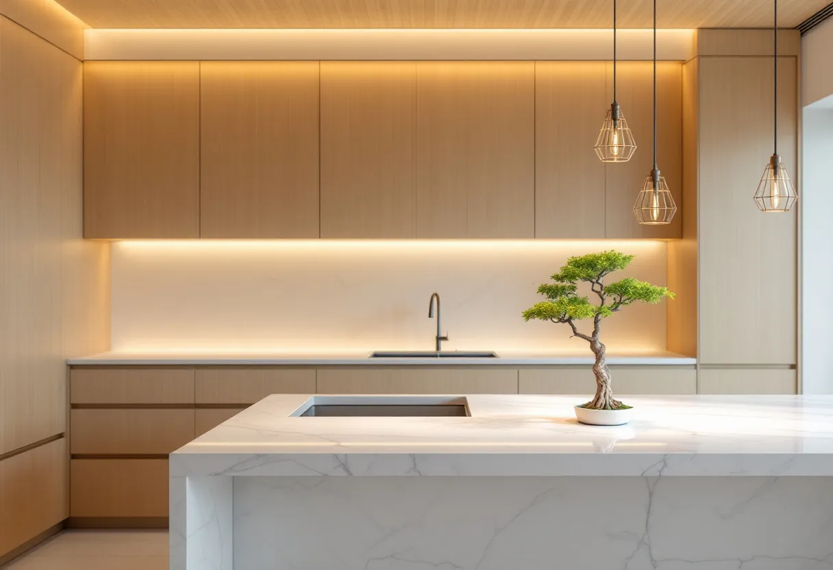 This Japanese kitchen exemplifies a minimalist and serene aesthetic, emphasizing clean lines and natural materials. The cabinetry is constructed from light wood, creating a warm and inviting atmosphere. A subtle built-in lighting system highlights the smooth surfaces and adds a soft glow to the space, enhancing its calming effect. The use of understated elements aligns with the Japanese principle of simplicity, ensuring the kitchen remains uncluttered and functional.

Central to the kitchen is a sleek island with a beautiful marble countertop, which serves as both a practical workspace and a visual anchor. A small bonsai tree placed on the counter introduces a touch of nature, reinforcing the connection to the outdoors, a common theme in Japanese design. Elegant pendant lights hang above the island, offering both illumination and a decorative element without overwhelming the simplicity. This kitchen embodies a balance of function and aesthetics, creating a space that feels both modern and timeless.