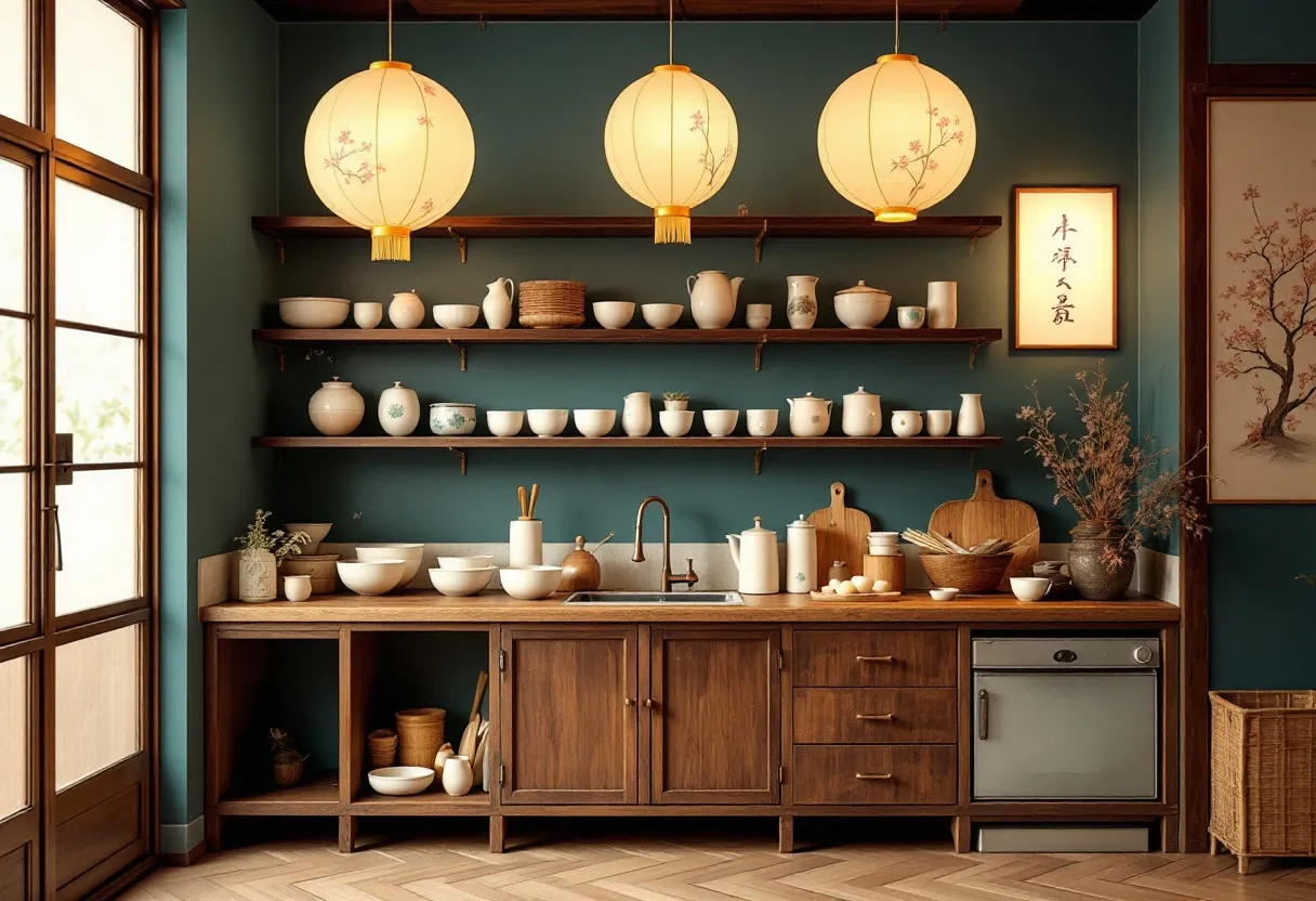 This Japanese kitchen exudes a harmonious blend of traditional and modern elements. The warm wooden cabinetry and open shelving create an inviting and organized space, showcasing a variety of ceramics and kitchenware that are neatly arranged. The teal walls provide a calm backdrop that complements the natural wood tones, enhancing the cozy atmosphere. The three hanging lanterns with delicate floral patterns add a touch of elegance, casting a soft glow over the room.

The presence of wooden cutting boards and wicker baskets suggests a practical yet aesthetically pleasing approach to food preparation and storage. A sense of minimalism is evident in the careful selection of items on display, emphasizing functionality without sacrificing beauty. The integration of a traditional Japanese artwork and calligraphy on the wall further enriches the cultural ambiance, making this kitchen not just a place for cooking, but also a space that reflects a serene, balanced lifestyle.