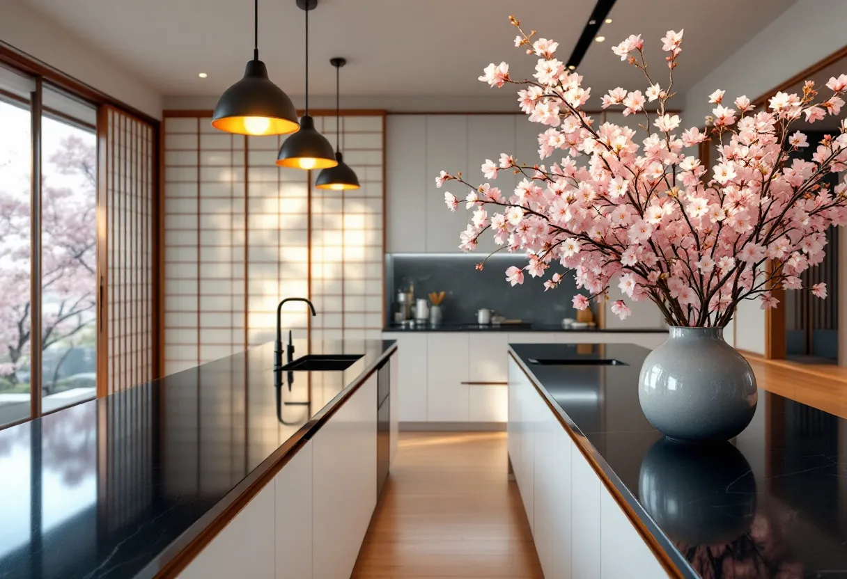 This Japanese kitchen beautifully balances modern design with traditional elements, creating a serene and functional space. The use of natural light is maximized through large windows, framed with subtle wooden elements, which offer a view of cherry blossoms just outside. The cabinetry and countertops maintain a minimalist aesthetic with clean lines and neutral tones, pivotal characteristics of Japanese interior design. Traditional shoji screens provide a classic touch, reinforcing the tranquil ambiance typically associated with Japanese spaces.

The kitchen island is the centerpiece, offering ample workspace and serving as a social focal point. On the counter, a carefully arranged vase of cherry blossoms adds a splash of color and life, embodying the Japanese appreciation for nature. Overhead, pendant lights with warm tones cast a gentle glow, enhancing the inviting atmosphere. Altogether, this Japanese kitchen seamlessly merges utility and aesthetics, resulting in a harmonious environment suited for both cooking and gathering.