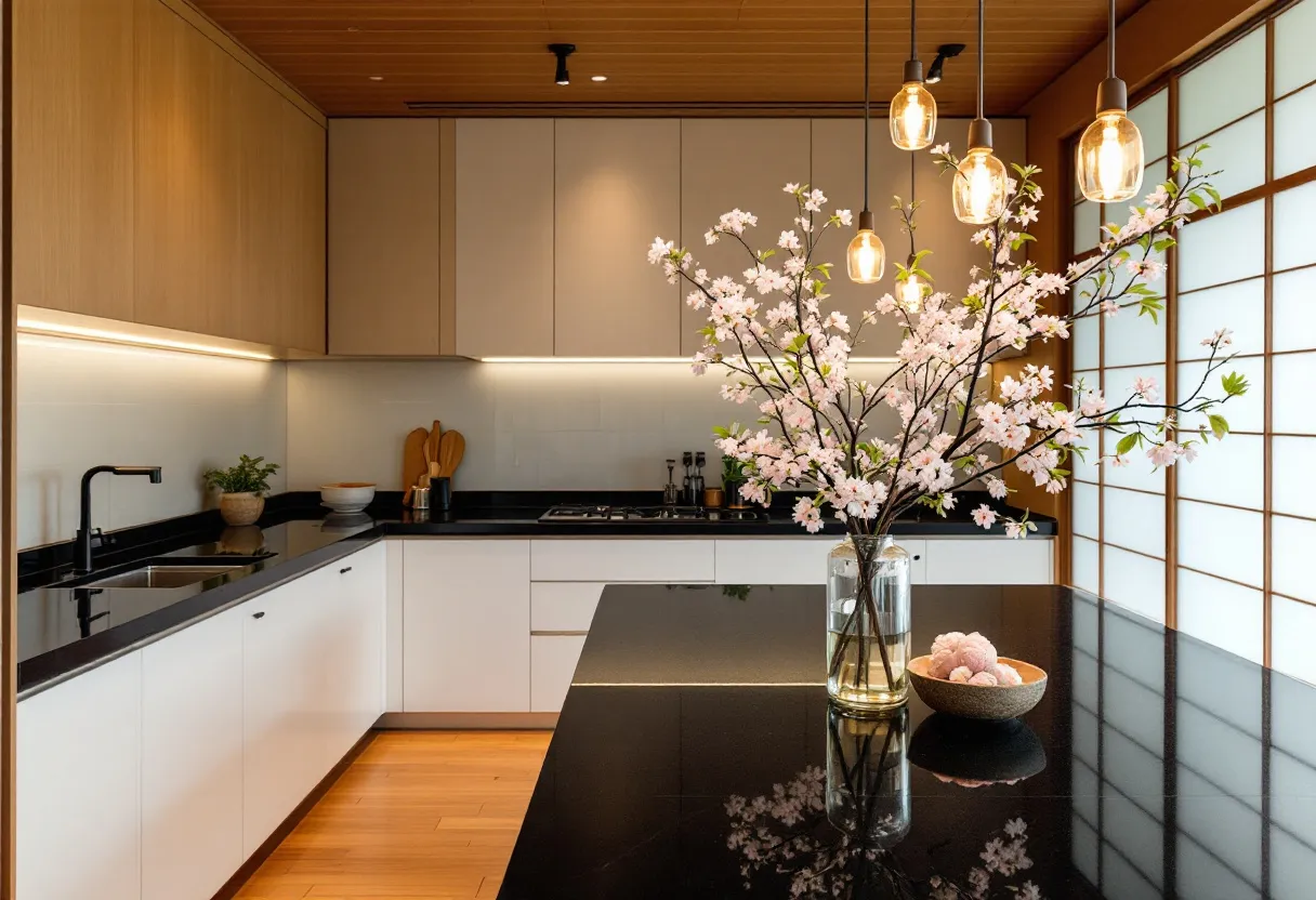 This Japanese kitchen exudes a serene and minimalist aesthetic, characterized by clean lines and a harmonious color palette. The space is designed with a focus on simplicity and functionality, highlighted by smooth, white cabinetry and contrasting black countertops. The wooden ceiling and flooring add warmth to the space, creating a cozy and inviting atmosphere. A large vase with cherry blossom branches serves as a stunning centerpiece on the island, adding a touch of nature and elegance to the room.

The lighting in this kitchen enhances its tranquil ambiance, with pendant lights casting a gentle glow over the workspace. The soft illumination aligns with the overall subtle and refined design, while the shoji screen on the right filters natural light into the space. This integration of traditional elements with modern design principles is characteristic of Japanese interiors, blending past and present seamlessly to create a balanced and aesthetically pleasing environment.