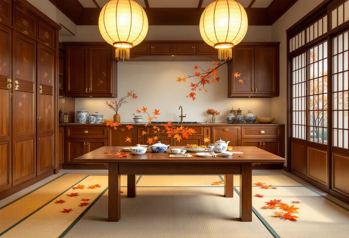 This Japanese kitchen beautifully blends traditional and modern elements, creating a warm and inviting atmosphere. The space is dominated by rich wooden cabinetry and flooring, bringing an earthy elegance to the room. The large wooden table in the center is adorned with exquisite tea sets and autumn-themed decorations, emphasizing a connection to nature and the changing seasons. The lantern-style lighting overhead casts a soft, warm glow, enhancing the cozy feeling of the kitchen.

Natural elements play a significant role in this design, with vibrant red and orange maple leaves subtly placed around the kitchen, adding a touch of seasonal beauty. The shoji-style sliding doors allow for ample natural light to filter in while maintaining privacy, showcasing a classic Japanese architectural feature. The use of tatami mat flooring adds texture and traditional flair, making the kitchen a harmonious blend of functional and aesthetic elements.