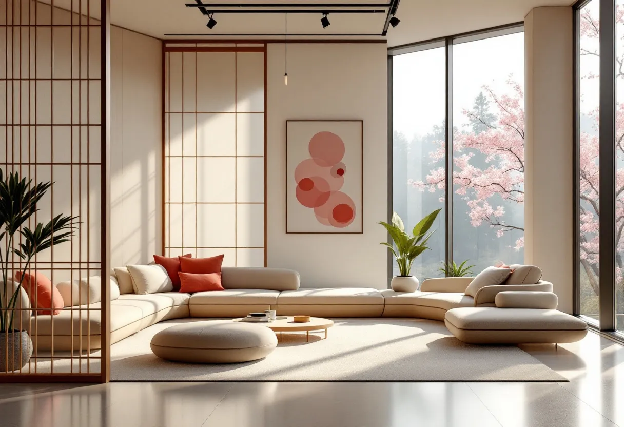 This Japanese office exudes a sense of tranquility and elegance, with a minimalist design that emphasizes harmony and natural beauty. The open space is accentuated by shoji-style panels, allowing soft natural light to filter through and create a warm, inviting atmosphere. The furniture is modern but understated, with a streamlined sofa in neutral tones complemented by vibrant cushions in shades of red and orange. This color palette not only adds a splash of energy but also reflects traditional Japanese aesthetics.

Large windows frame a picturesque view of cherry blossoms, integrating the beauty of the outdoors with the serene interior. A simple yet carefully placed artwork on the wall echoes the circular motif found in Zen philosophy, enhancing the calm and contemplative environment. The inclusion of potted plants adds a touch of nature, fostering a tranquil setting that soothes the senses and promotes focus. Overall, the office embodies a harmonious blend of functionality and artistry, making it an ideal space for work and reflection.