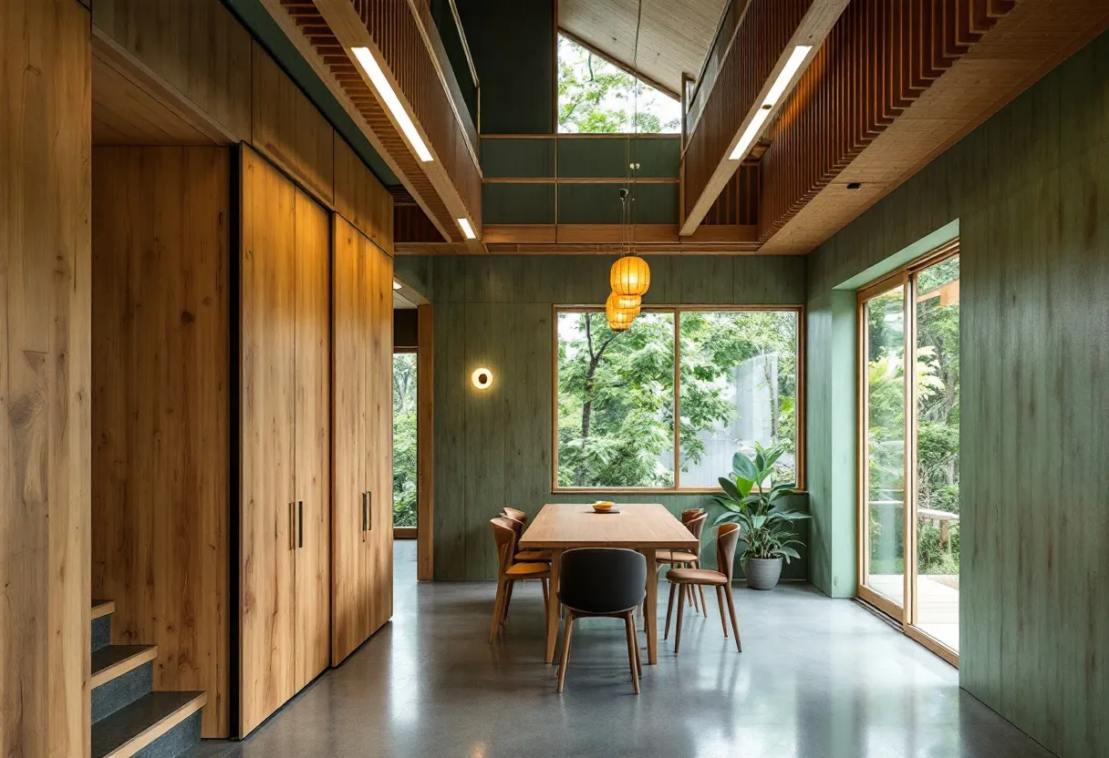 This Japanese office exudes a harmonious blend of natural elements and minimalist design, creating a tranquil and inviting atmosphere. The use of wooden panels on the walls and ceiling is prominent, providing warmth and a connection to nature. The ceiling features strategic cutouts for natural light, enhancing the open and airy feel of the space. The polished concrete floor adds a modern touch, contrasting with the wood's earthy tones while maintaining a sleek aesthetic. 

A large window framed in wood, alongside sliding glass doors, showcases lush green foliage outside, seamlessly integrating the indoor space with nature. The office is furnished with a simple wooden table and chairs, reflecting a functional yet stylish approach. Decorative elements are minimal, with the inclusion of a small potted plant adding a touch of greenery. Pendant lights feature a warm glow that complements the natural light, contributing to the serene ambiance of this thoughtfully designed workspace.