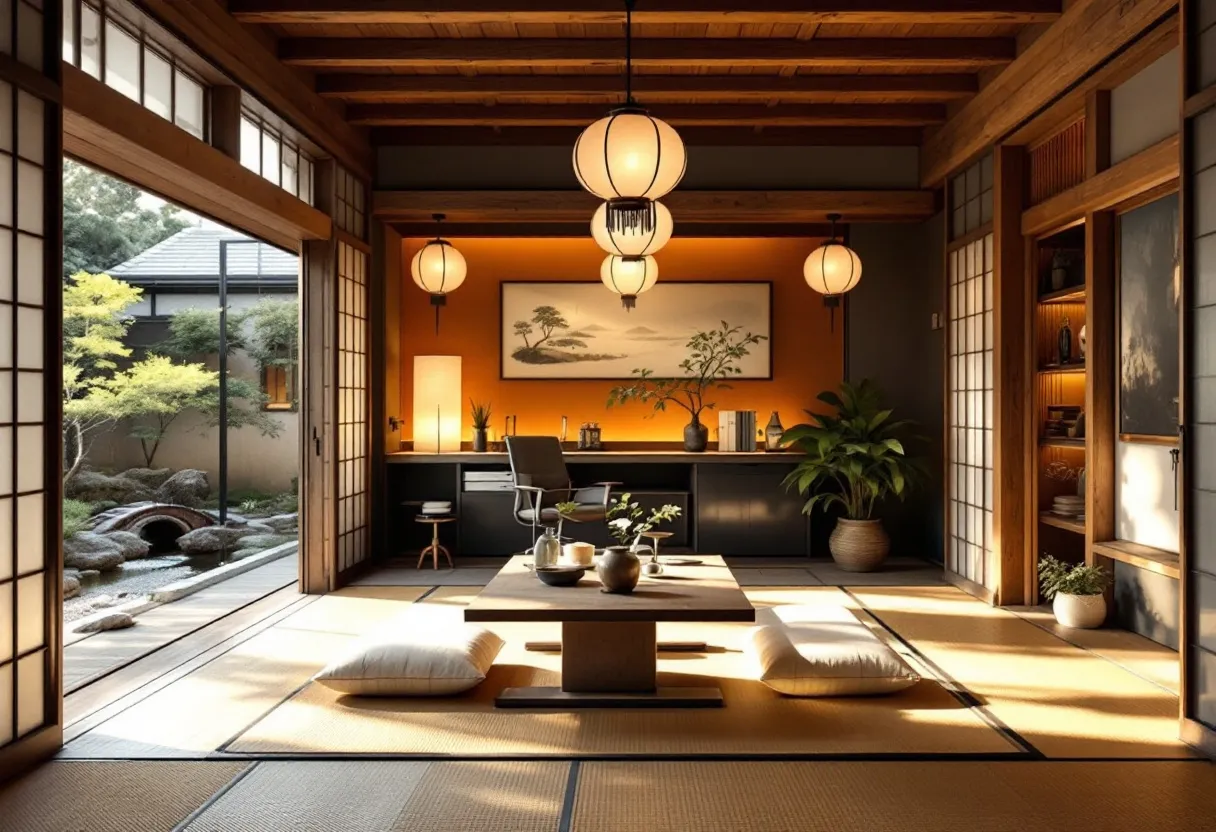 This Japanese office exemplifies a harmonious blend of traditional and modern design elements. The room is defined by its minimalist aesthetic, featuring tatami mats on the floor that evoke a sense of warmth and comfort. The presence of a low wooden table, surrounded by soft cushions, creates an inviting atmosphere for informal meetings or relaxation. The space is illuminated by large paper lanterns that hang from the ceiling, casting a soft, ambient light throughout the room. The wooden beams and sliding shoji doors further enhance the traditional Japanese architectural style.

The office seamlessly integrates nature into its design, with a view of a tranquil garden visible through the open sliding doors. This connection to the outdoors not only enriches the space with natural light but also provides a calming influence, promoting a peaceful working environment. Potted plants are strategically placed to add greenery, while a carefully arranged bonsai tree on the desk adds a touch of elegance and artistic expression. A single scroll painting, depicting a serene landscape, adorns the wall, completing the office's serene and balanced ambiance.