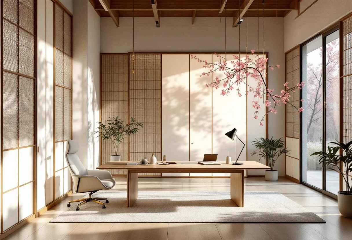 This Japanese office embodies a serene blend of traditional charm and modern functionality. The room is illuminated by ample natural light filtering through large windows, casting gentle shadows and creating an atmosphere of tranquility. Sliding shoji screens serve as room dividers, adding a touch of classic Japanese architecture while maintaining a minimalist aesthetic. The workspace is defined by a simple, elegant wooden desk, which harmonizes beautifully with the light-toned wooden flooring.

A carefully placed ornamental branch with cherry blossoms brings in a touch of nature, enhancing the room's calming ambiance. Several indoor plants are strategically positioned, contributing to the office's refreshing and soothing environment. The modern office chair and sleek desk lamp add a contemporary flair, ensuring comfort and utility in daily work activities. Overall, the space is a perfect balance of aesthetics and functionality, designed to inspire focus and peace.