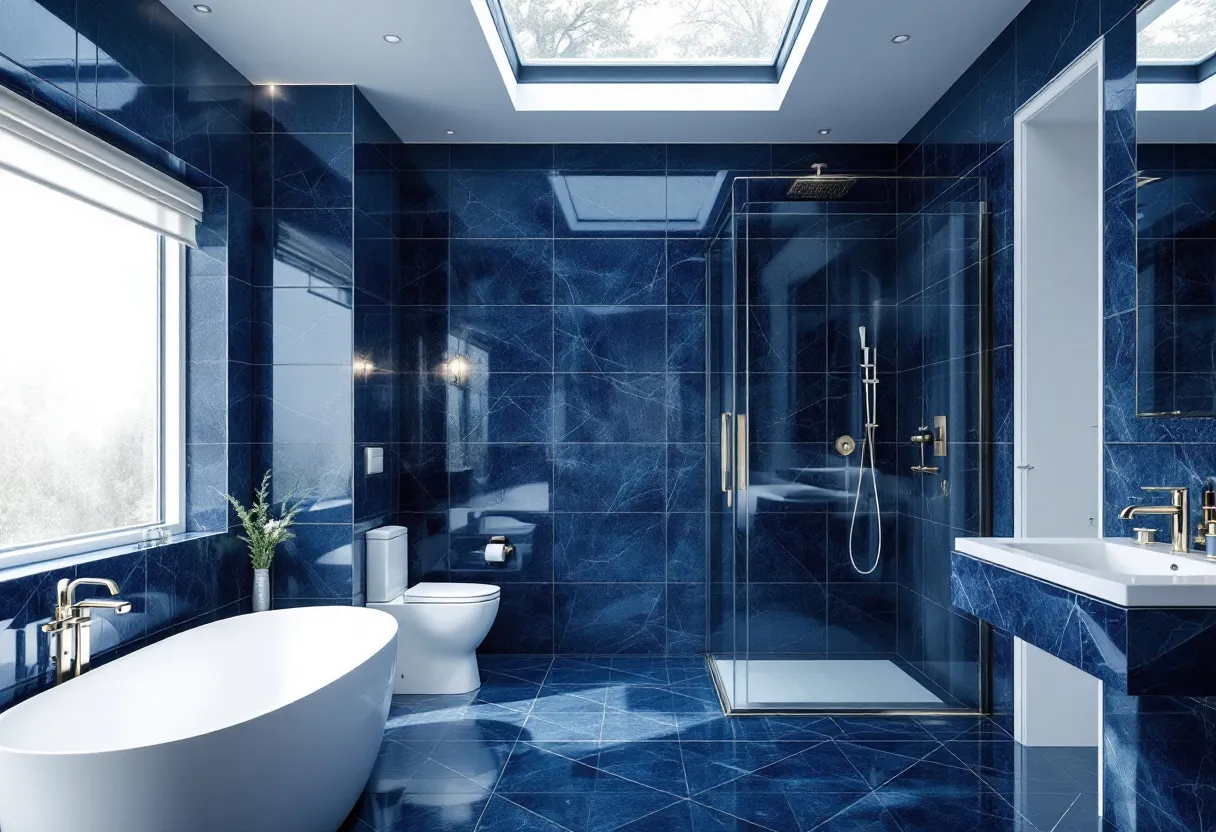 This luxury bathroom exudes an air of elegance and sophistication with its predominantly deep blue marble tiles that cover the floors and walls, creating a bold and cohesive aesthetic. The richness of the blue is complemented by subtle, white veining throughout the tiles, adding depth and texture. The large window allows natural light to flood the space, highlighting the glossy finish of the marble and creating a bright and inviting atmosphere. A sleek, freestanding bathtub sits gracefully under the window, providing a serene spot for relaxation.

The centerpiece of this bathroom is a modern and spacious shower enclosure with clear glass doors, accented by luxurious fixtures in a gleaming gold finish. The dual shower heads, including a rain shower, promise a spa-like experience. Adjacent to the shower is a contemporary vanity featuring a broad mirror and chic lighting that reflects both style and function. The understated, yet elegant design elements in this bathroom emphasize a seamless blend of luxury and minimalism, creating a sanctuary of comfort and beauty.