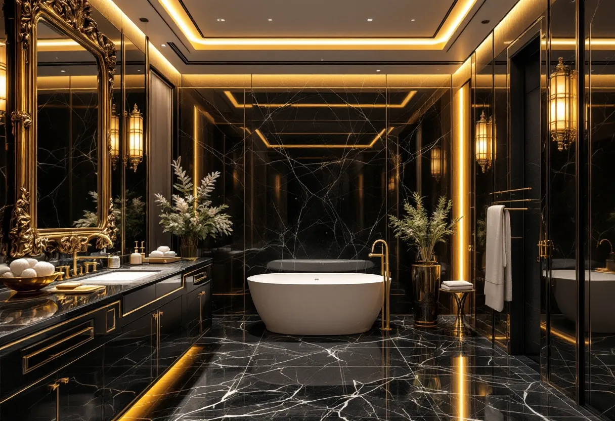 This luxury bathroom exudes opulence and sophistication with its sleek, modern design. The room is adorned with rich black marble, featuring striking white veining that creates a dramatic contrast. Ambient lighting is strategically placed to enhance the luxurious feel. The centerpiece is an elegant freestanding bathtub, constructed in a minimalist style that complements the overall aesthetic. The surrounding floor and walls reflect the soft glow of warm lighting, creating a tranquil atmosphere perfect for relaxation.

Attention to detail is evident in the exquisite gold accents that adorn the fixtures and decor. A large, ornately framed mirror and matching sconces add a touch of classic elegance to the space. The countertop features delicate decorative elements, while lush greenery in golden planters introduces a natural element that adds to the serene ambiance. Every aspect of this bathroom is carefully curated to blend modern luxury with timeless elegance, making it a haven of comfort and style.